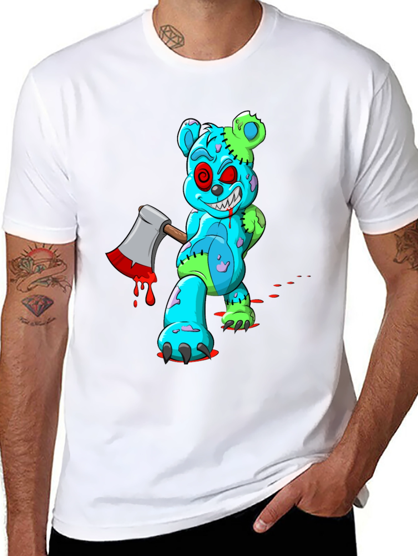 Zombie Teddy Bear Axe Black T-Shirt