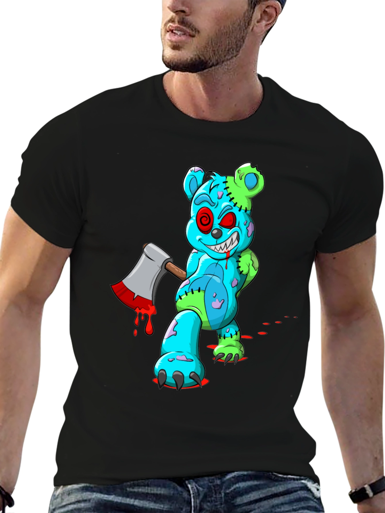 Zombie Teddy Bear Axe Black T-Shirt