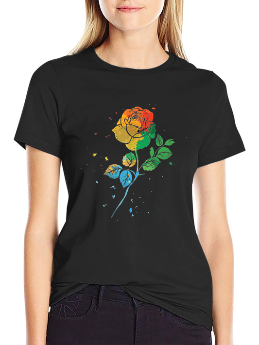Rainbow Rose Graphic Black T-Shirt