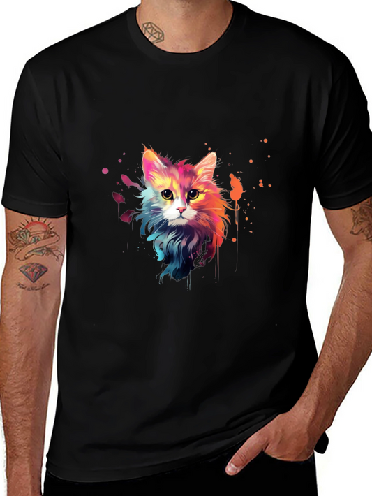 Colorful Cat Art Graphic Print Black T-Shirt