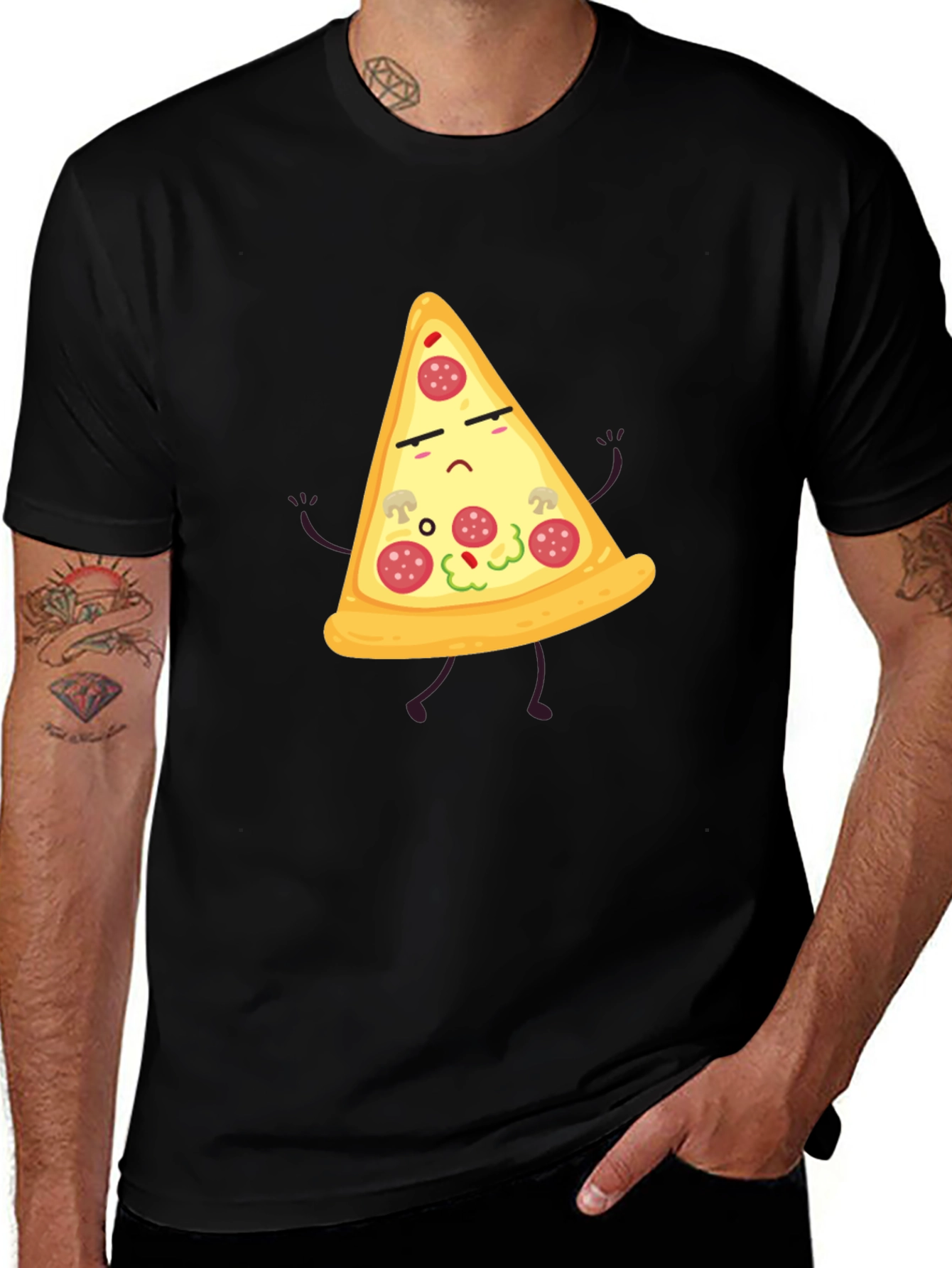 Sad Pizza Slice Black T-Shirt Novelty Graphic Tee