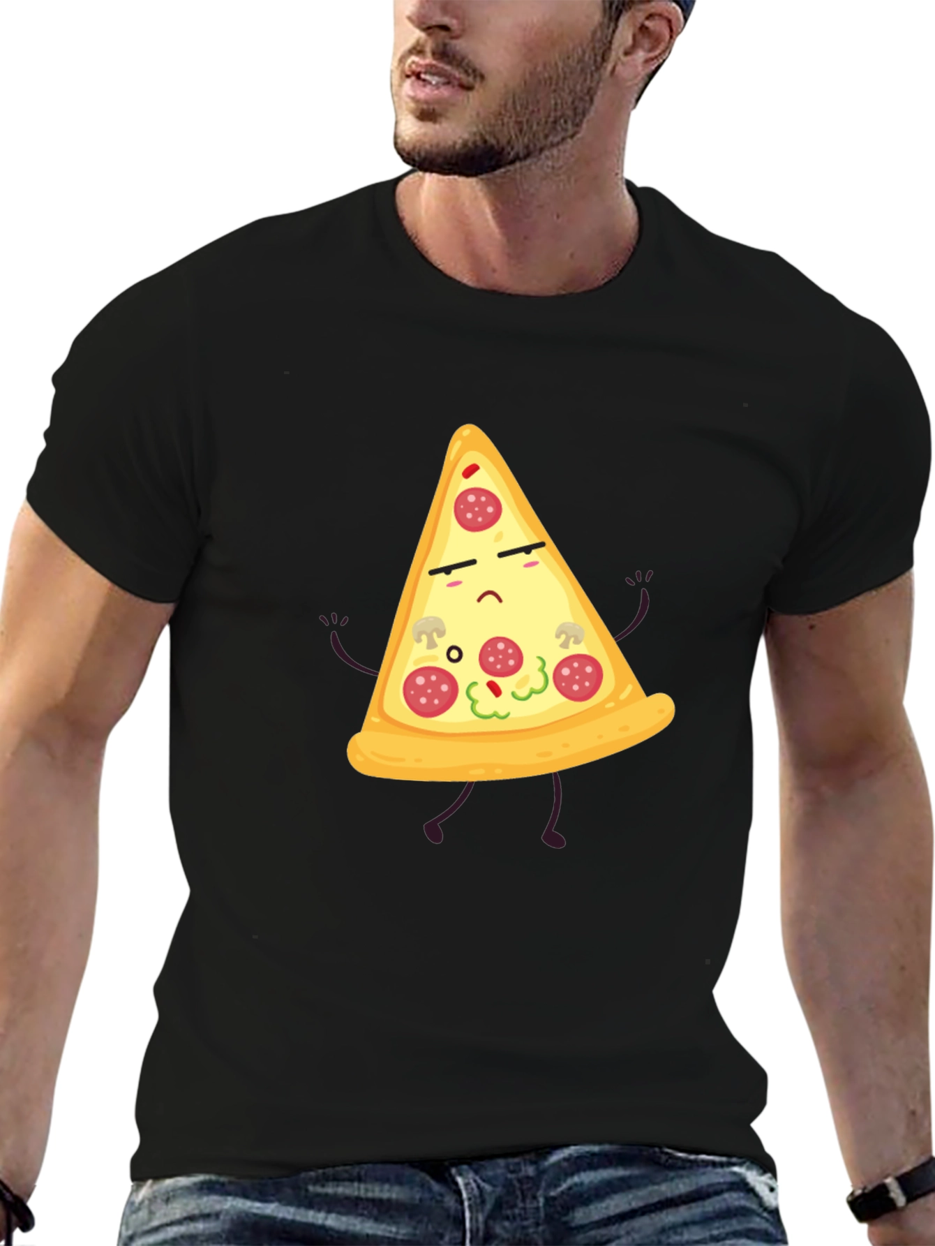 Sad Pizza Slice Black T-Shirt Novelty Graphic Tee