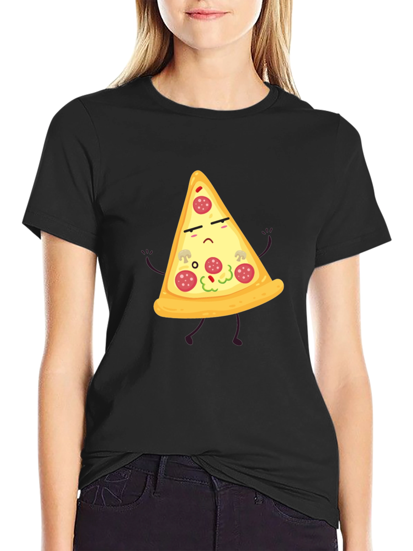 Sad Pizza Slice Black T-Shirt Novelty Graphic Tee