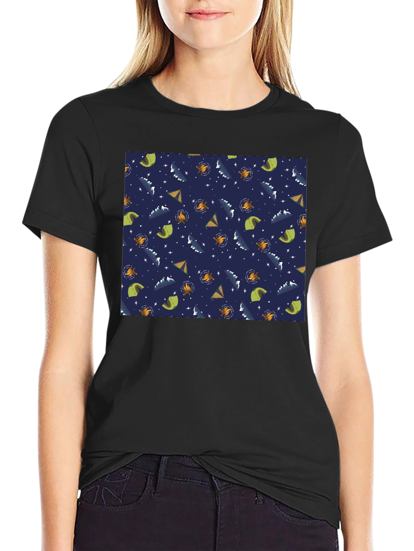 Camping Pattern Black T-Shirt