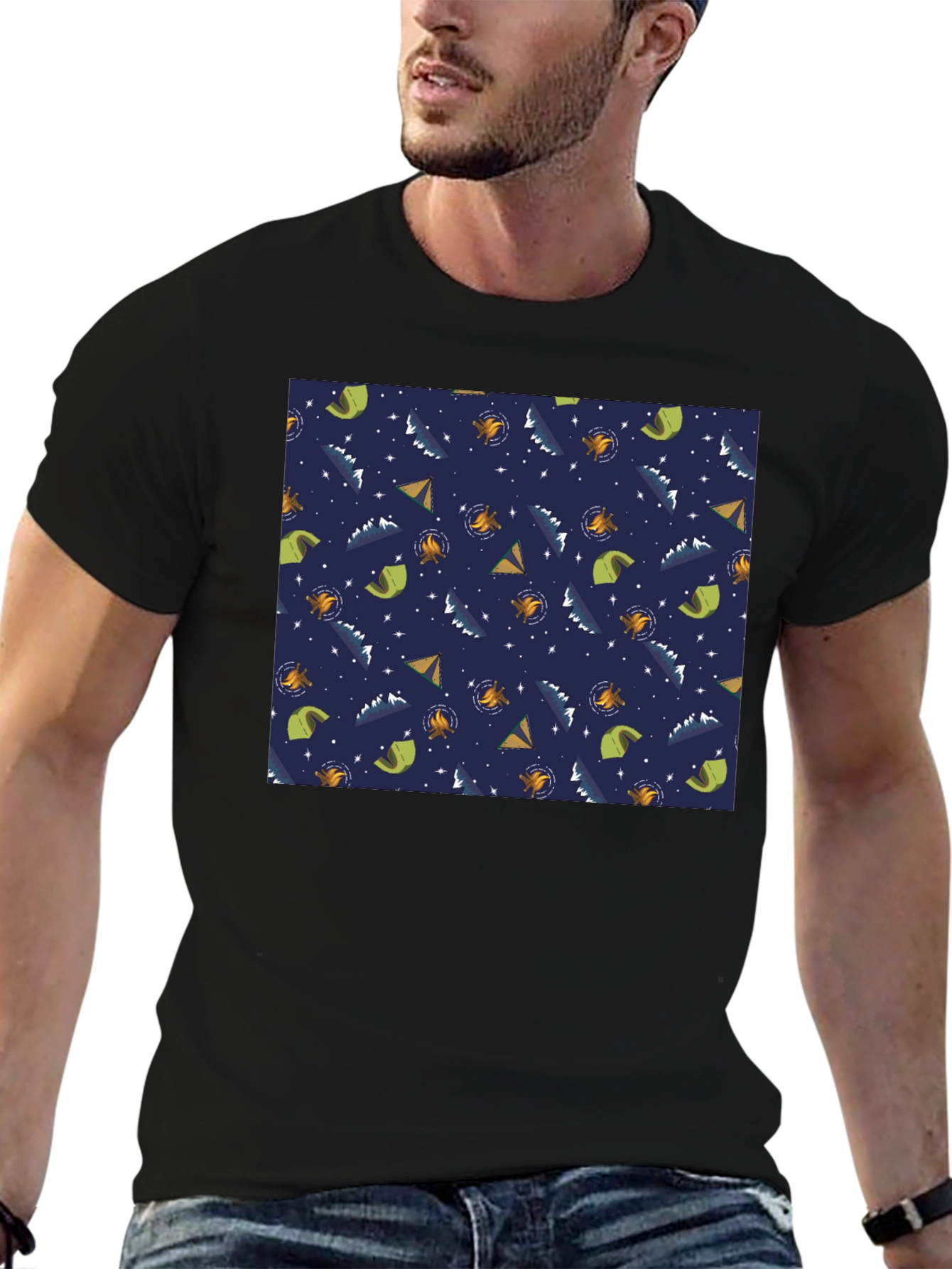 Camping Pattern Black T-Shirt