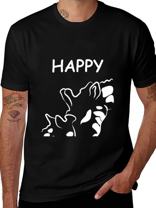 Happy Dog Outline Graphic Tee - Black Cotton Comfort
