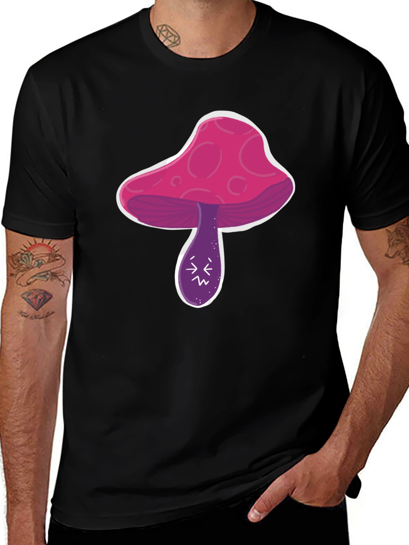Psychedelic Mushroom Graphic Tee - Black Cotton Shirt