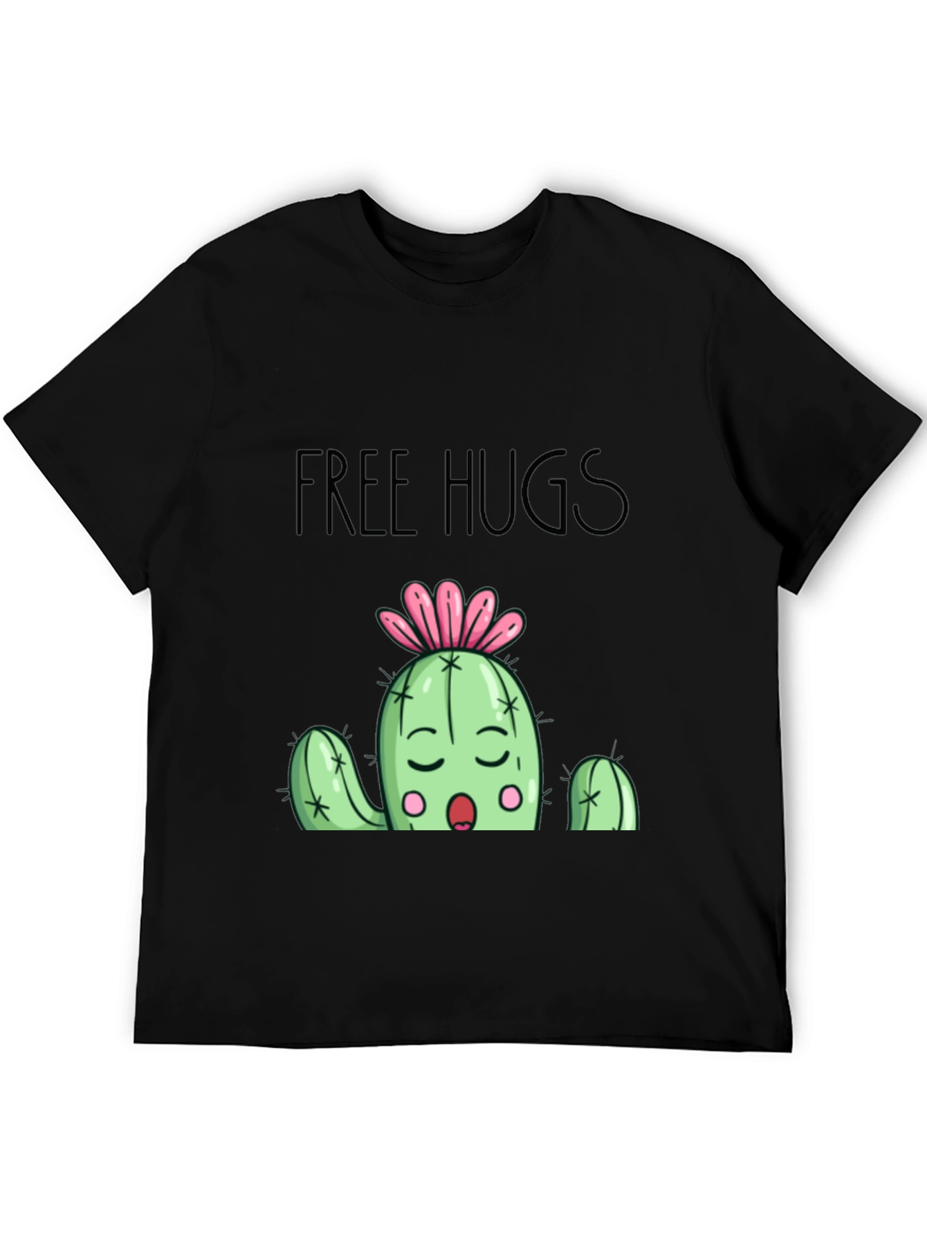 Free Hugs Cactus Graphic T-Shirt - Black Cotton Blend