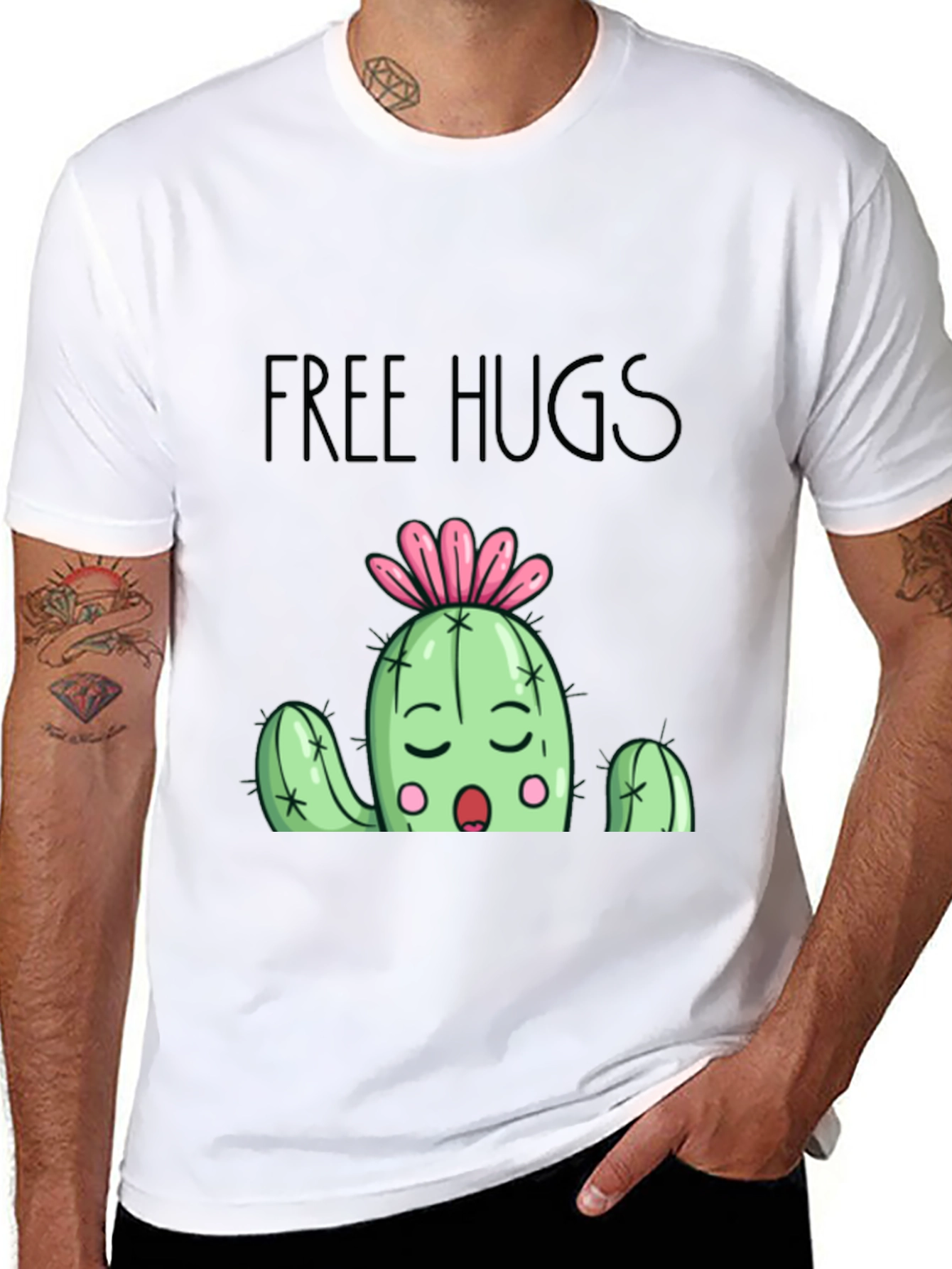 Free Hugs Cactus Graphic T-Shirt - Black Cotton Blend