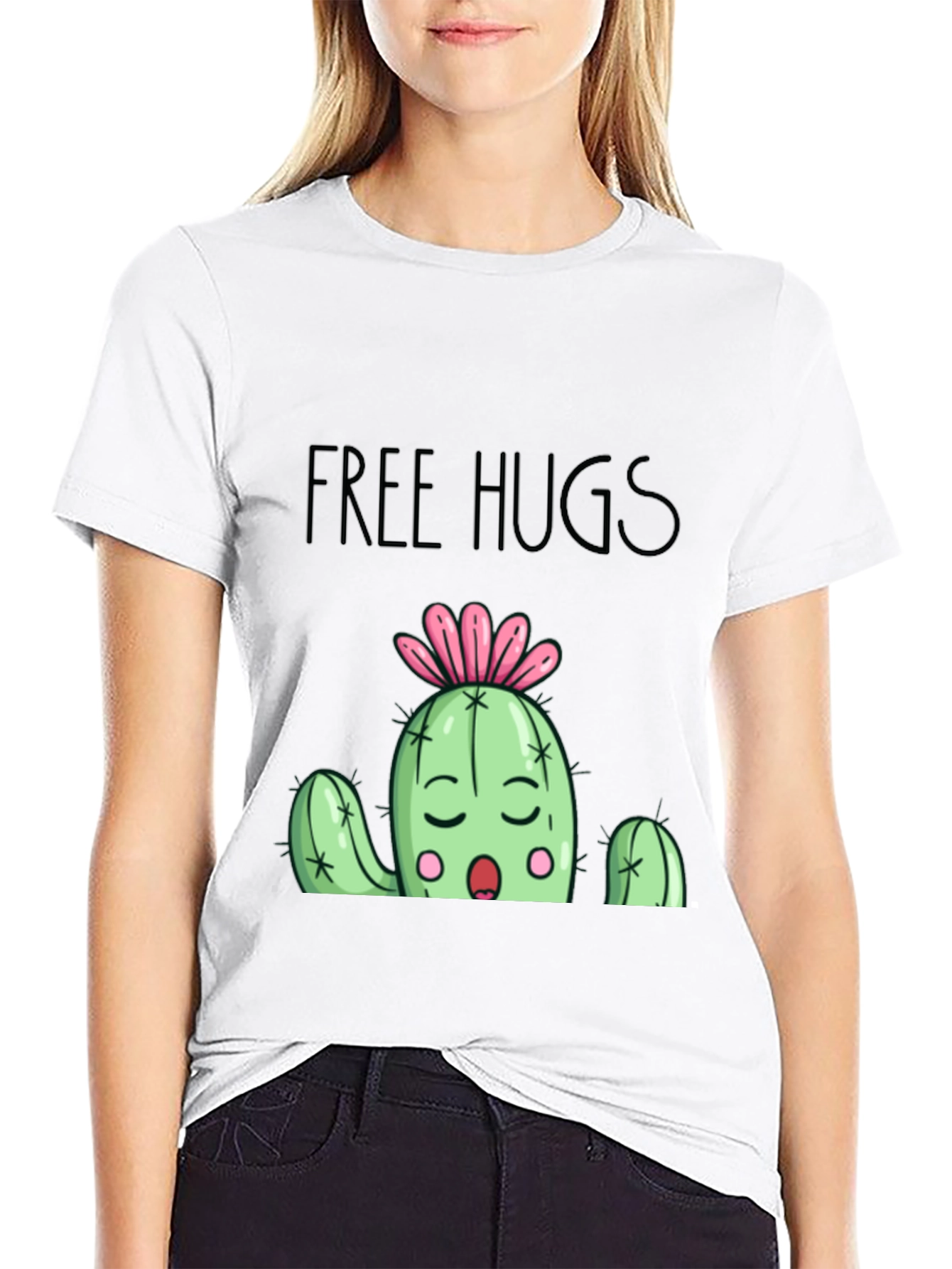 Free Hugs Cactus Graphic T-Shirt - Black Cotton Blend
