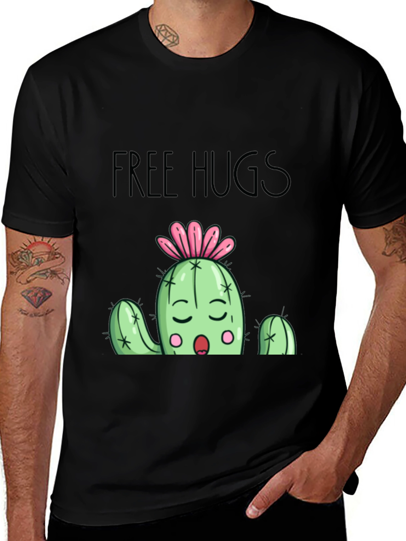 Free Hugs Cactus Graphic T-Shirt - Black Cotton Blend