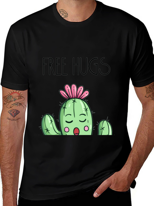 Free Hugs Cactus Graphic T-Shirt - Black Cotton Blend