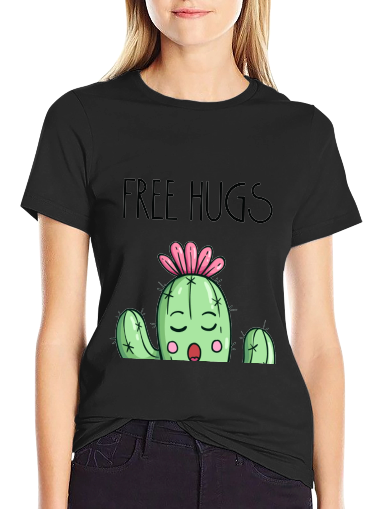 Free Hugs Cactus Graphic T-Shirt - Black Cotton Blend