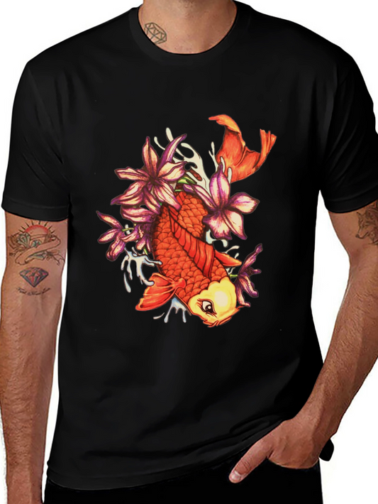 Koi Fish Floral Graphic Tee - Stylish Black T-Shirt