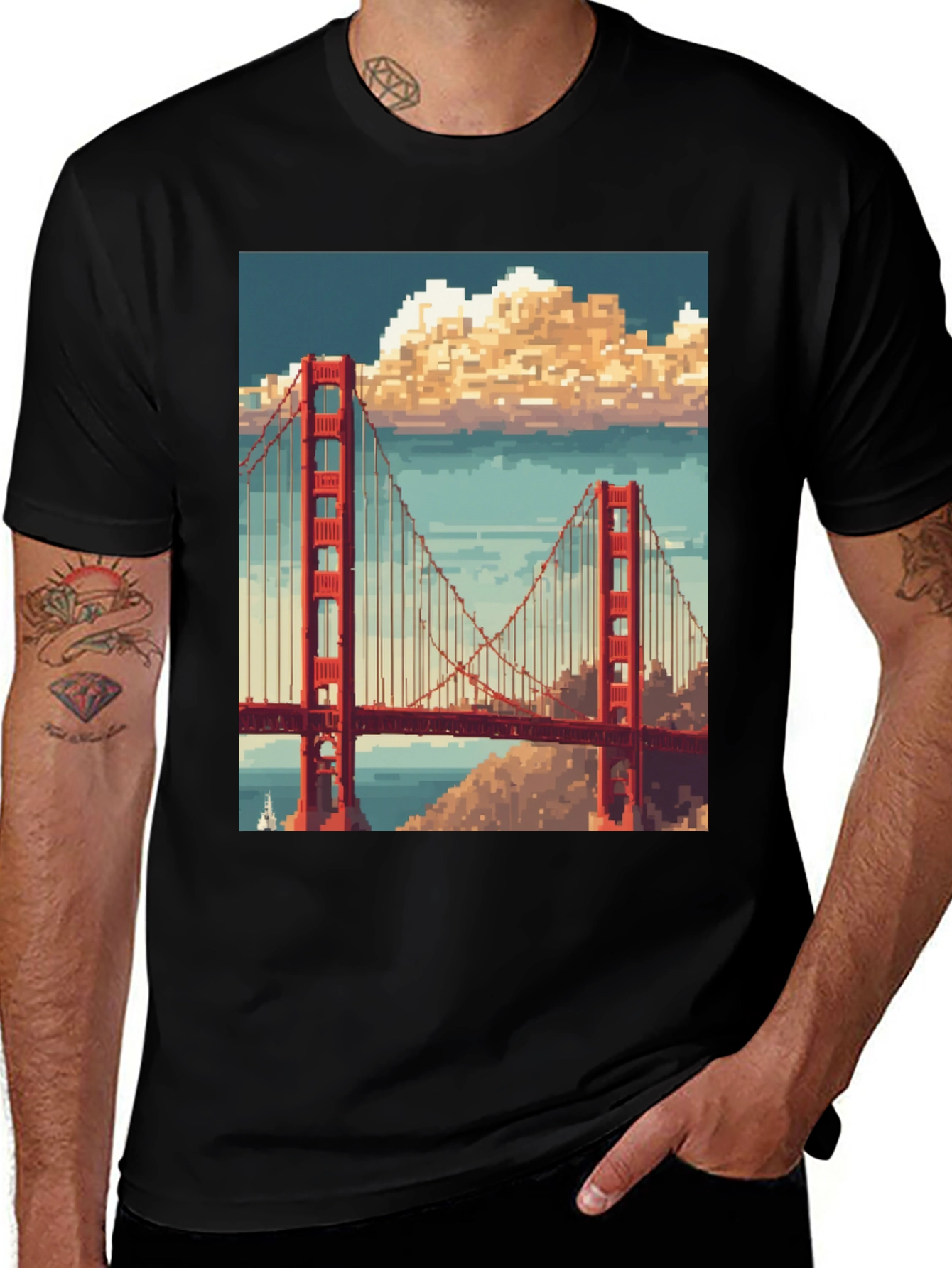 Golden Gate Pixel Art Black T-Shirt