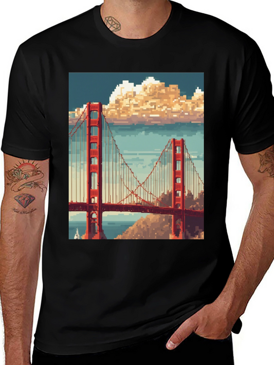Golden Gate Pixel Art Black T-Shirt