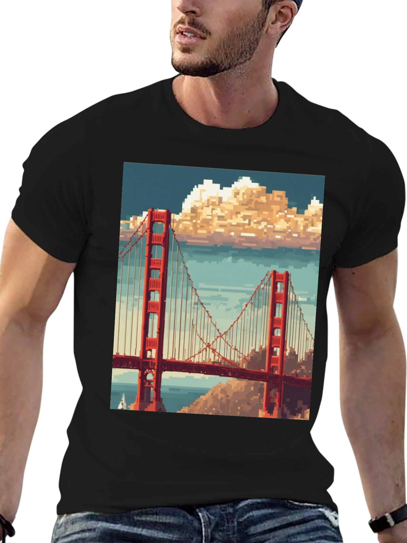 Golden Gate Pixel Art Black T-Shirt