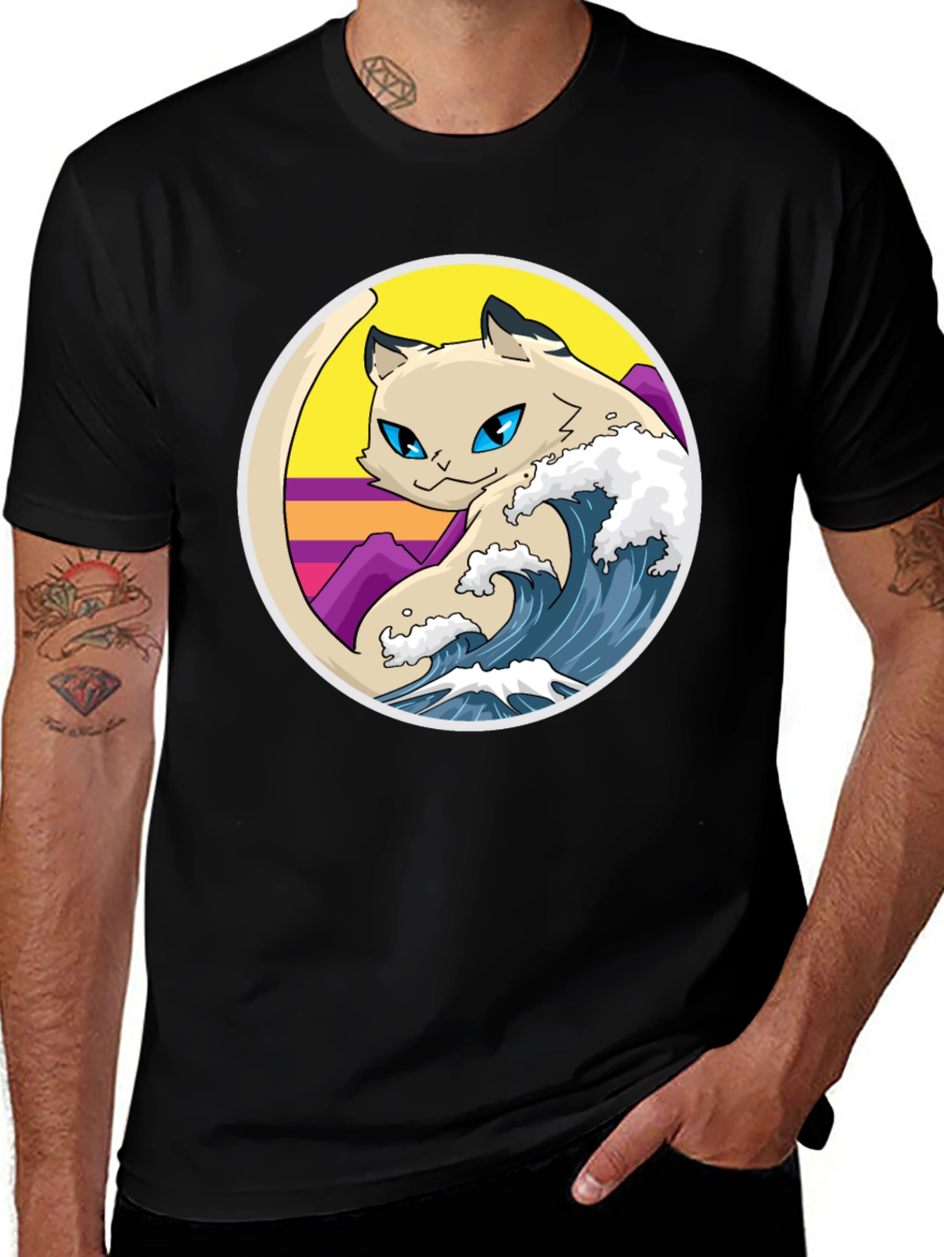 Retro Wave Cat Graphic T-Shirt