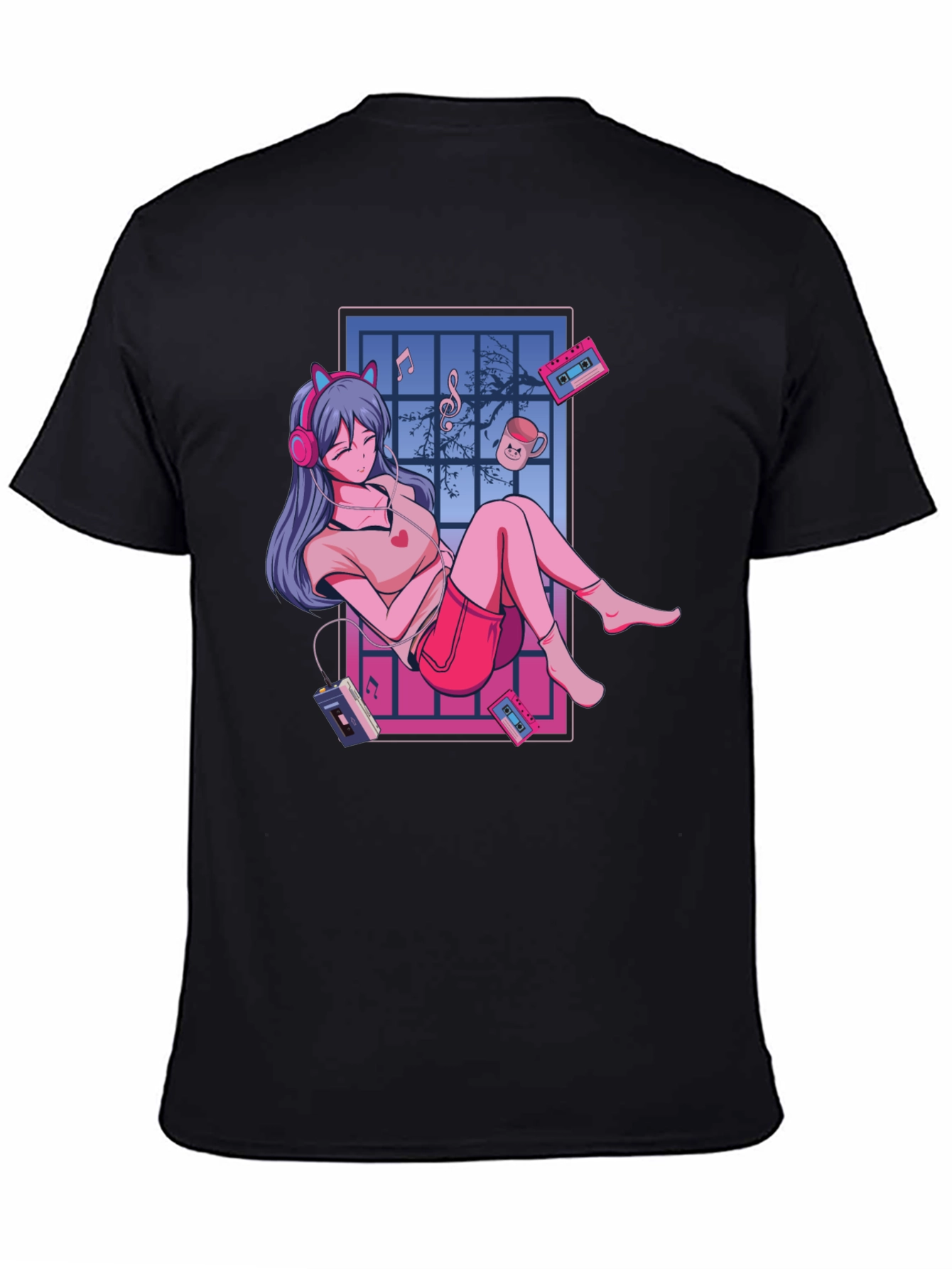 Anime Girl Music Lover T-Shirt - Black