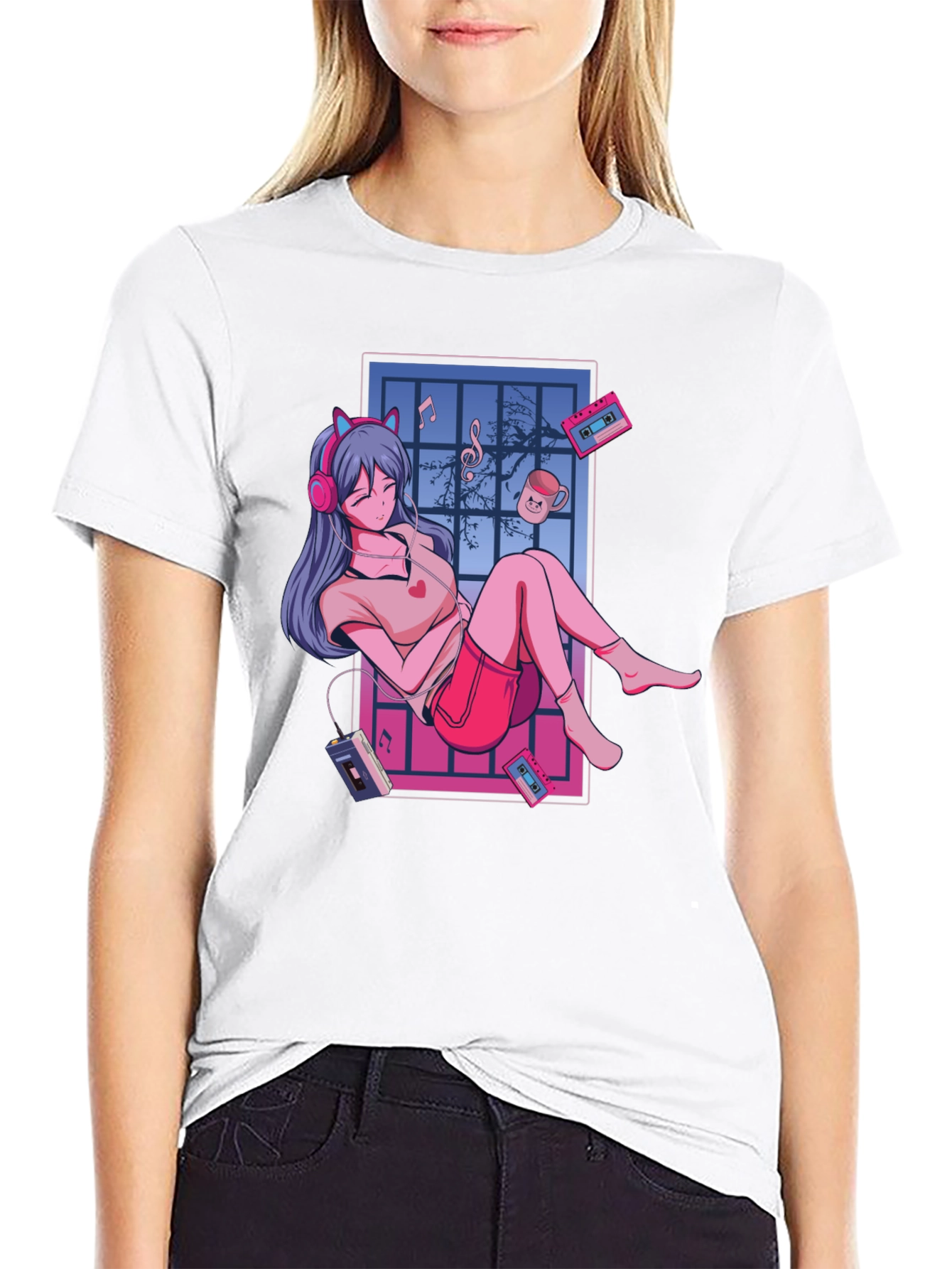 Anime Girl Music Lover T-Shirt - Black