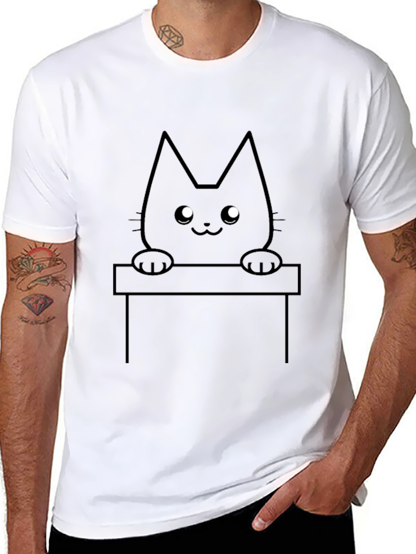 Cute Cat Peekaboo Graphic T-Shirt - Black