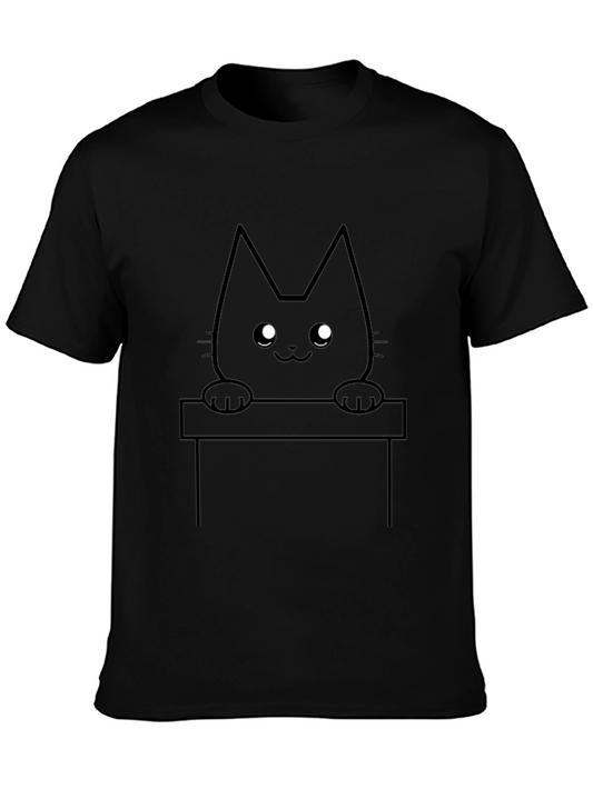 Cute Cat Peekaboo Graphic T-Shirt - Black