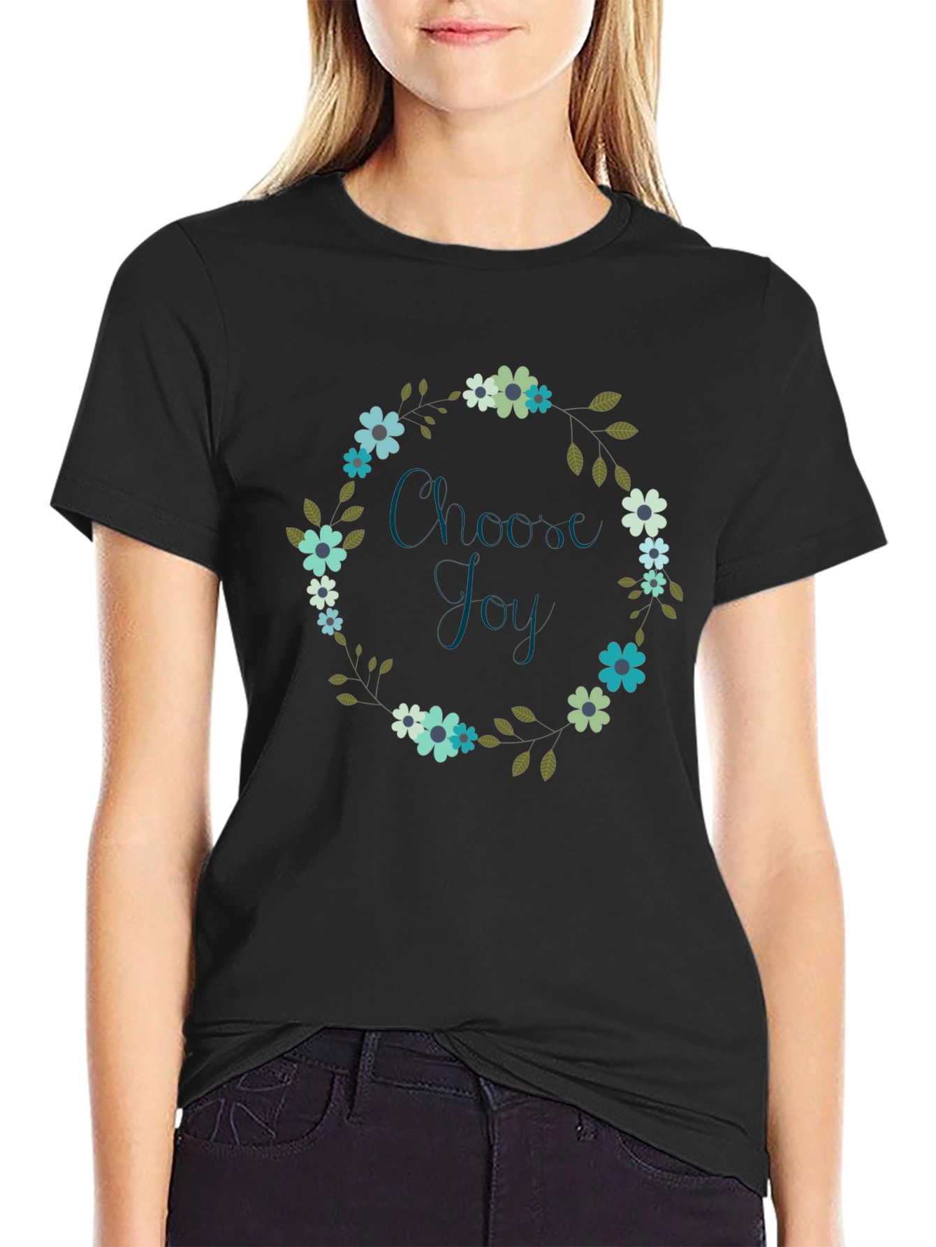 Choose Joy Floral Wreath Black T-Shirt