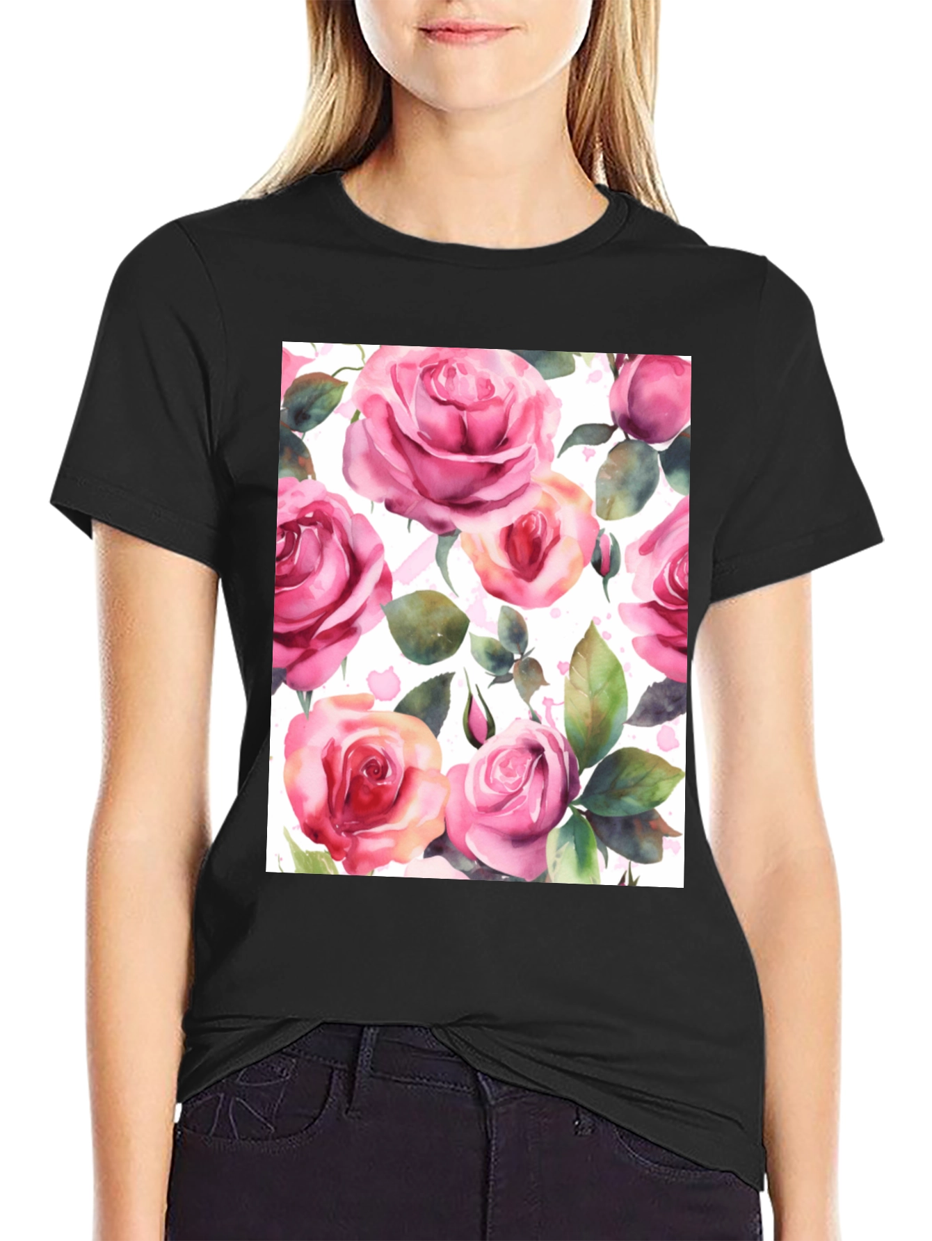 Floral Rose Print Black T-Shirt for Men