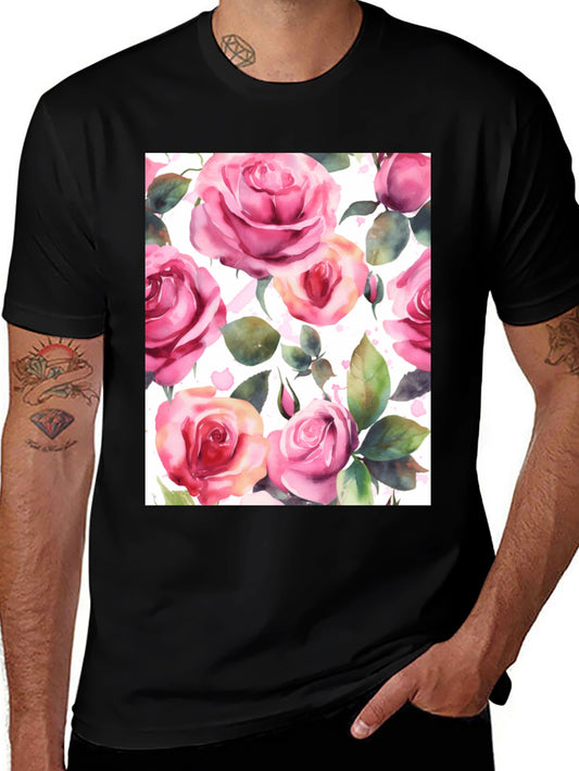 Floral Rose Print Black T-Shirt for Men