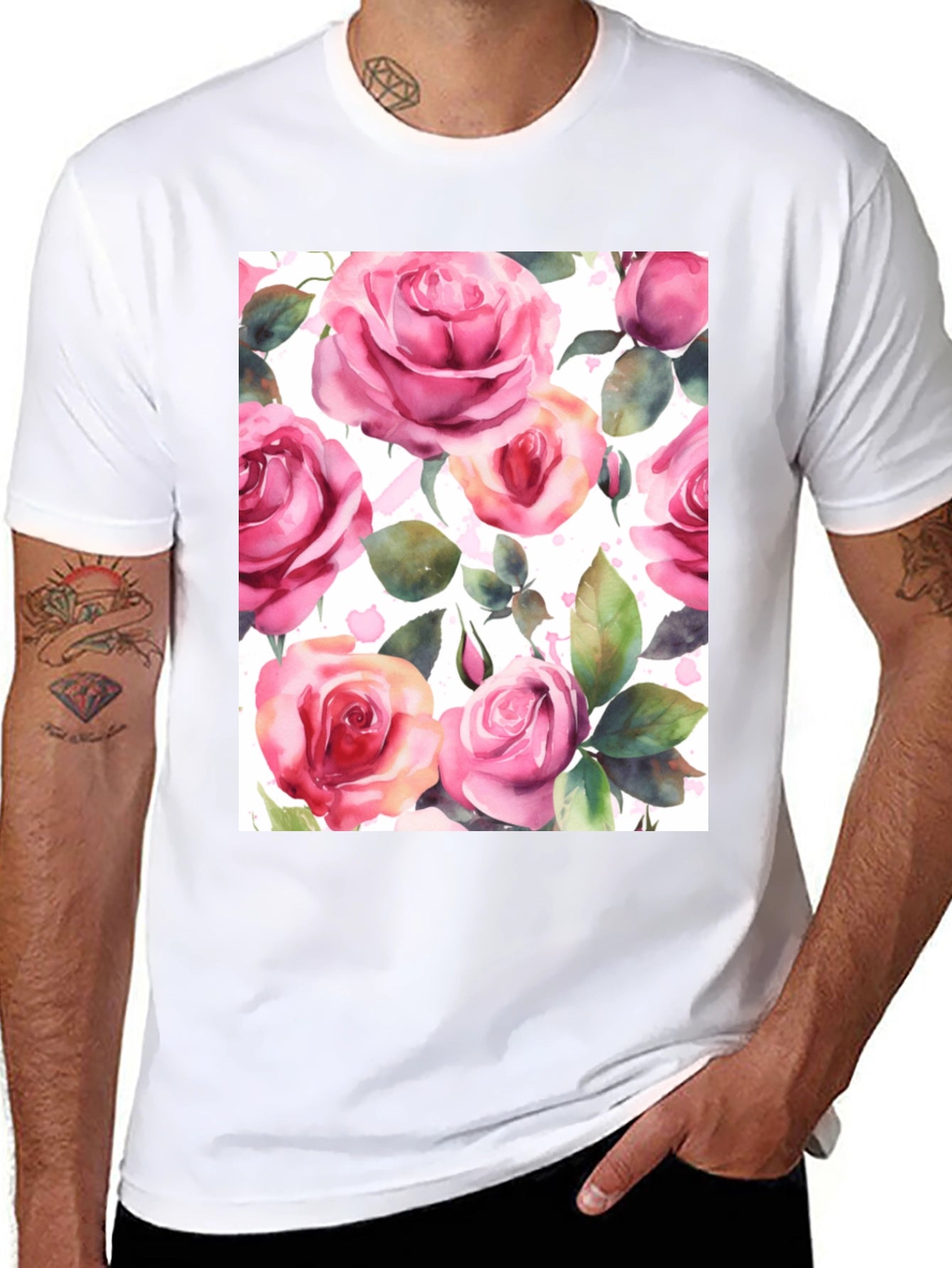 Floral Rose Print Black T-Shirt for Men