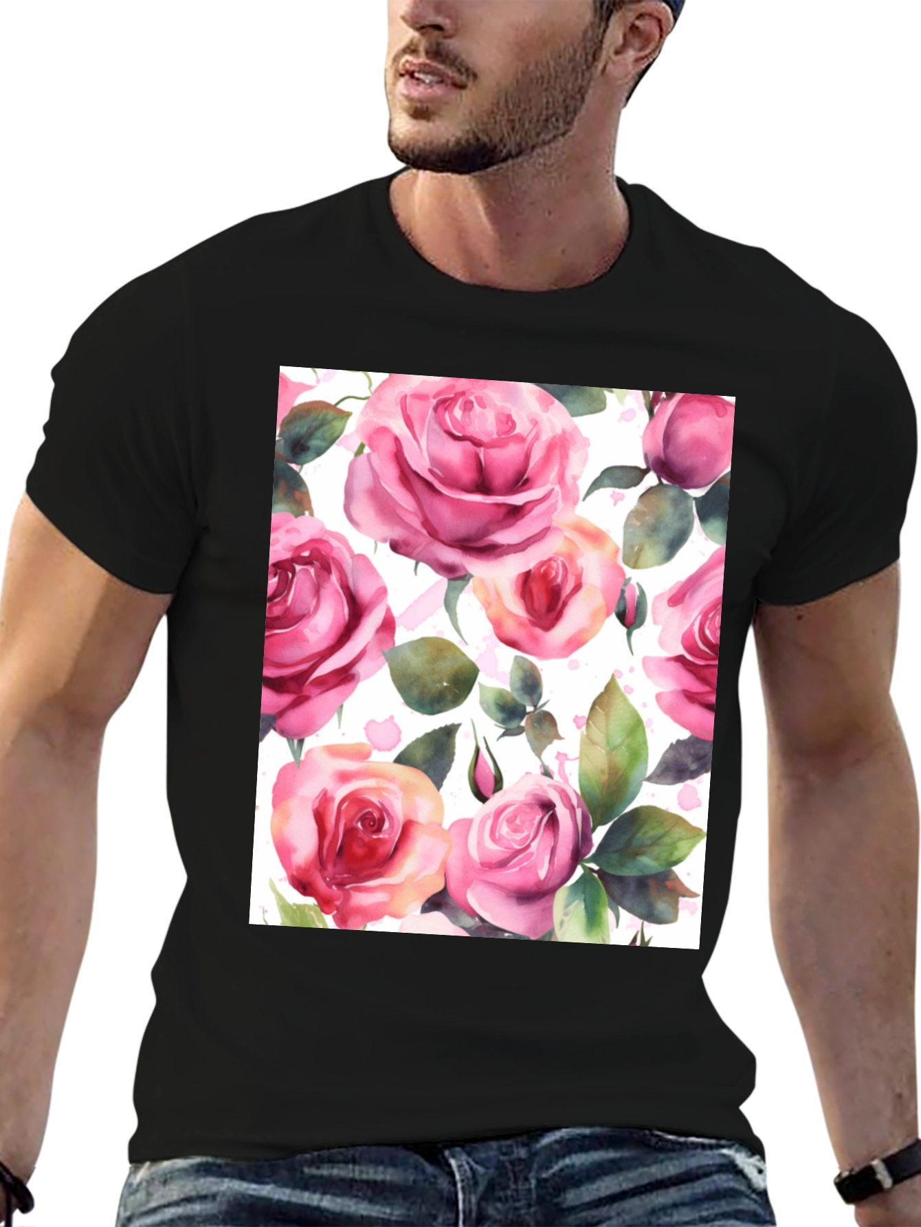 Floral Rose Print Black T-Shirt for Men