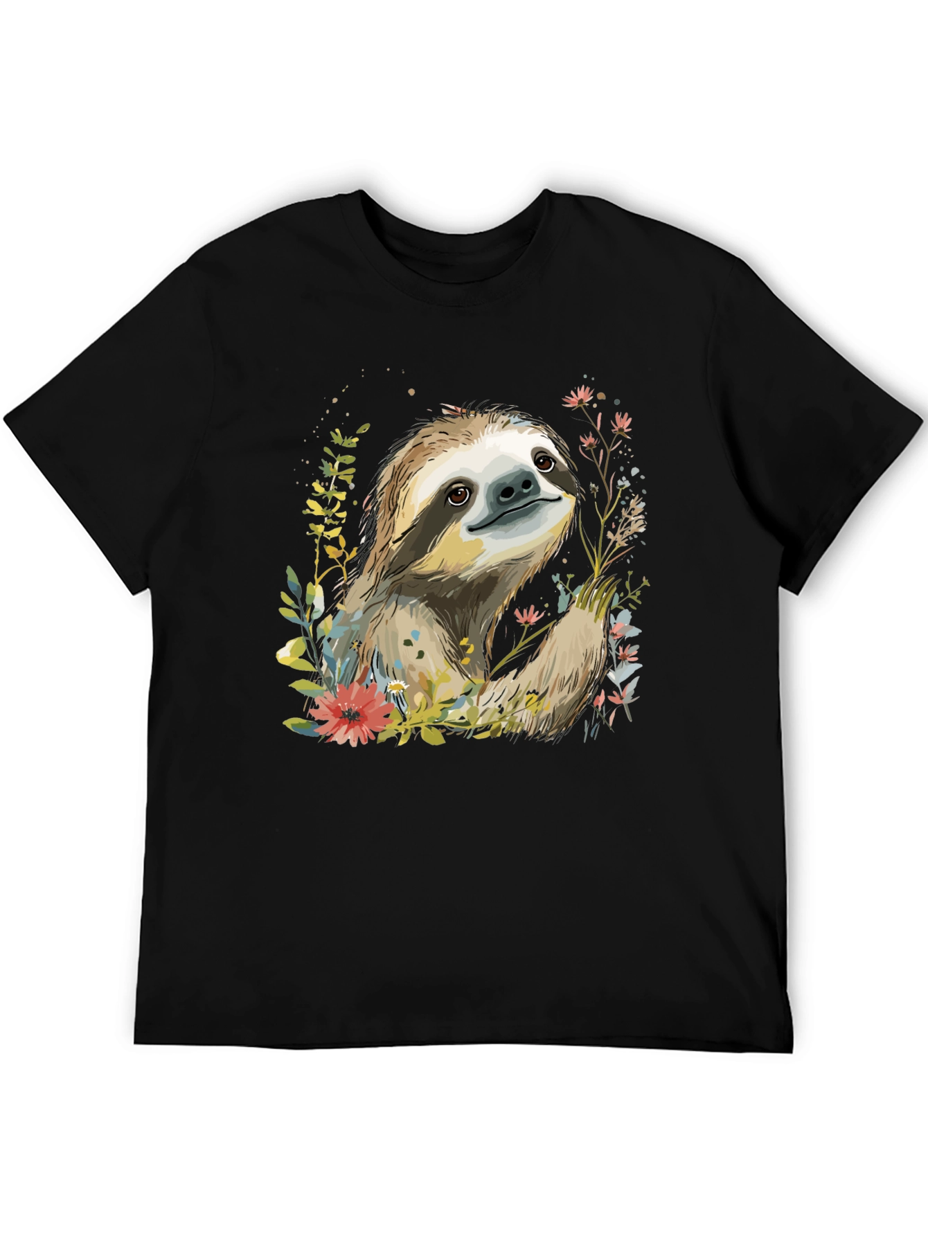 Sloth & Floral Print Black T-Shirt