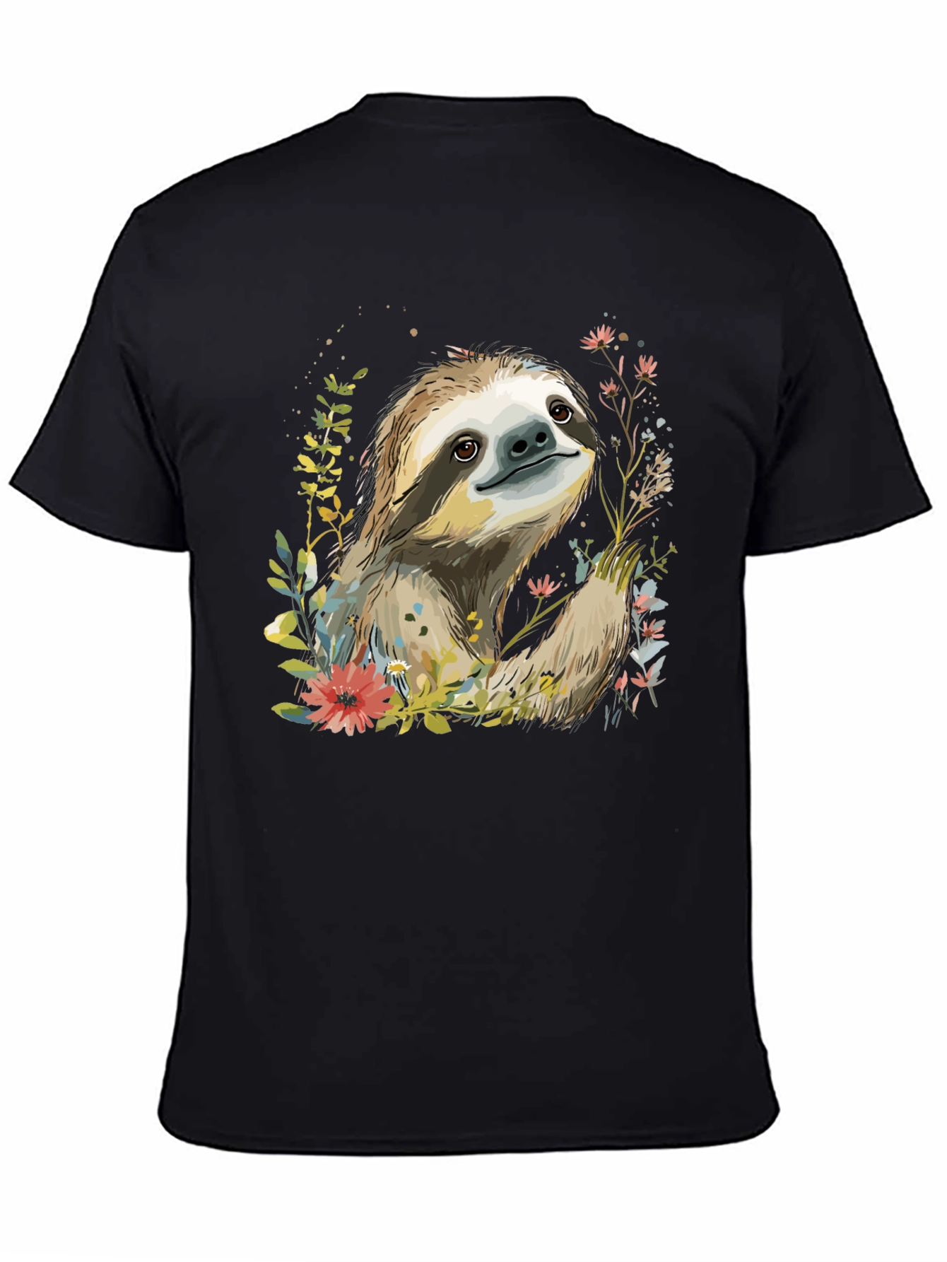 Sloth & Floral Print Black T-Shirt