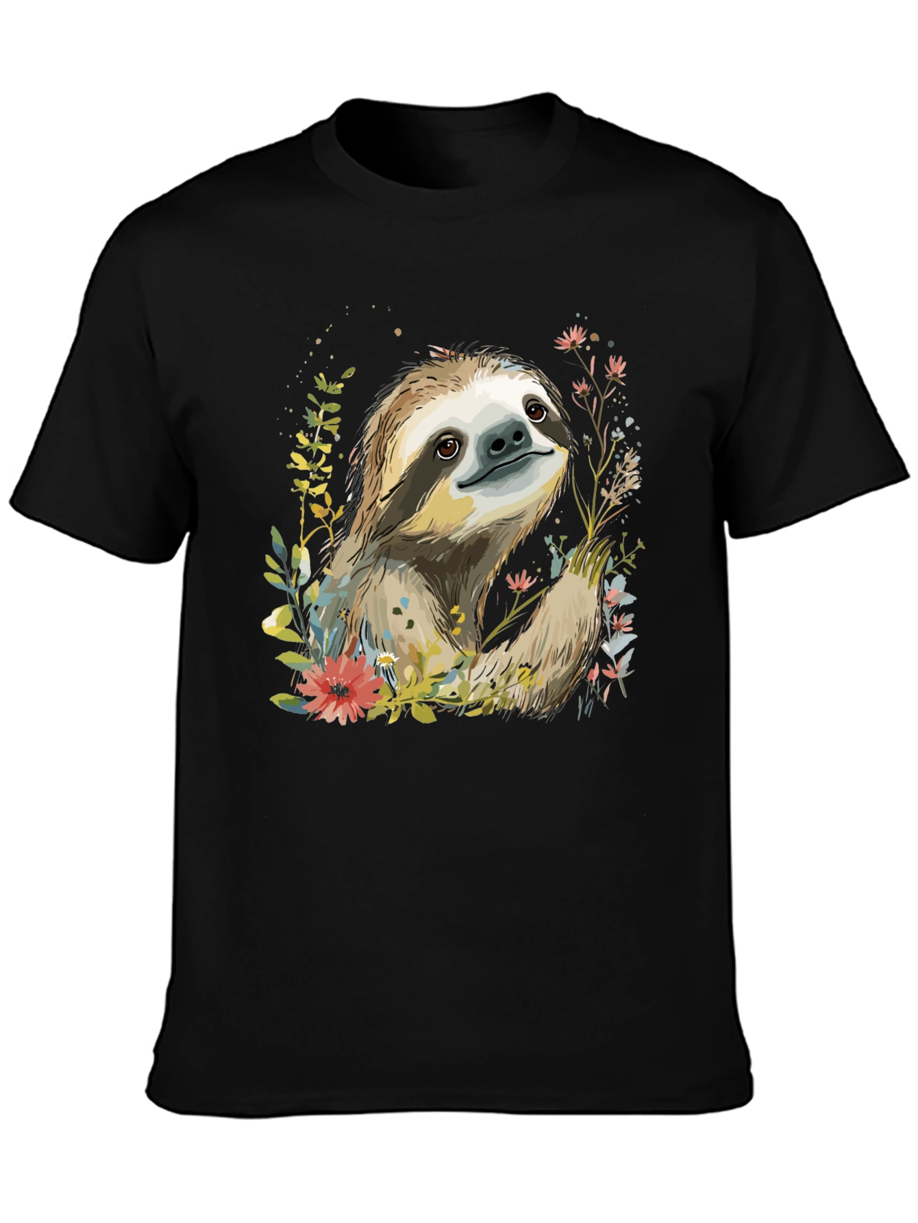 Sloth & Floral Print Black T-Shirt