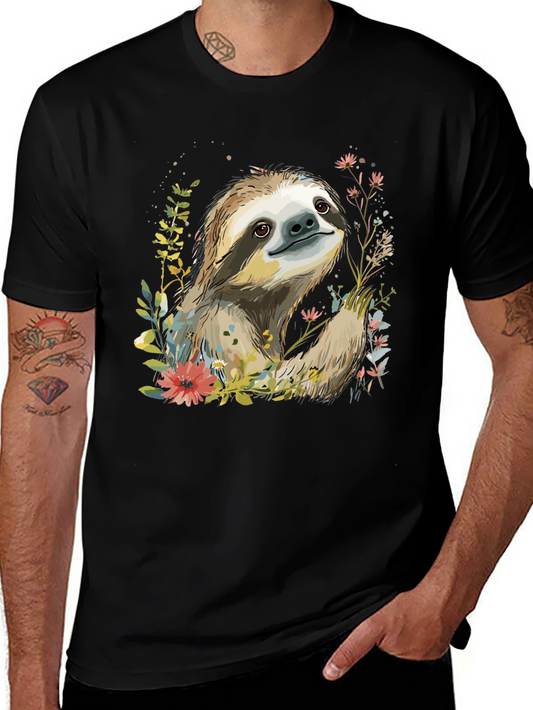 Sloth & Floral Print Black T-Shirt