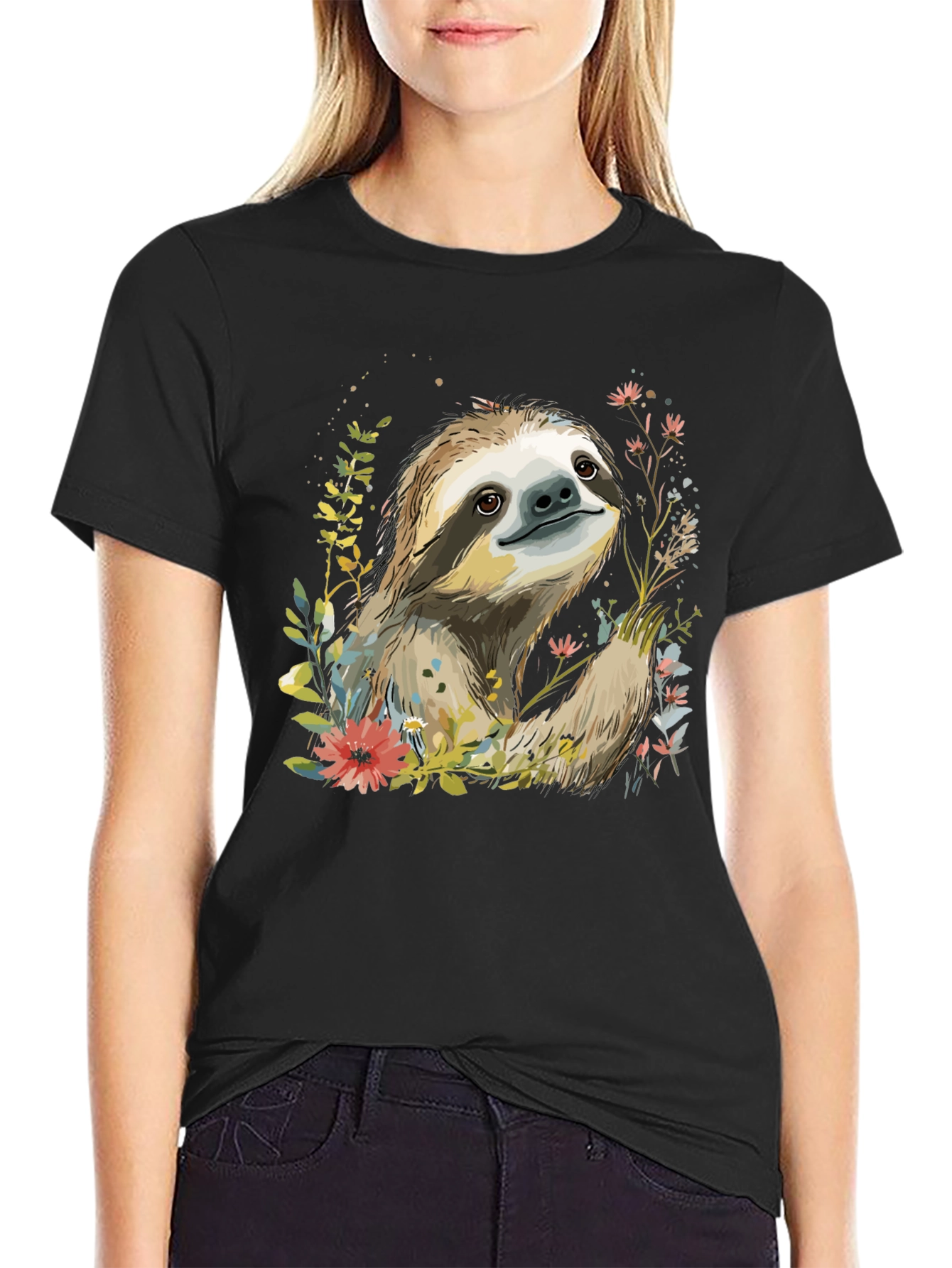 Sloth & Floral Print Black T-Shirt