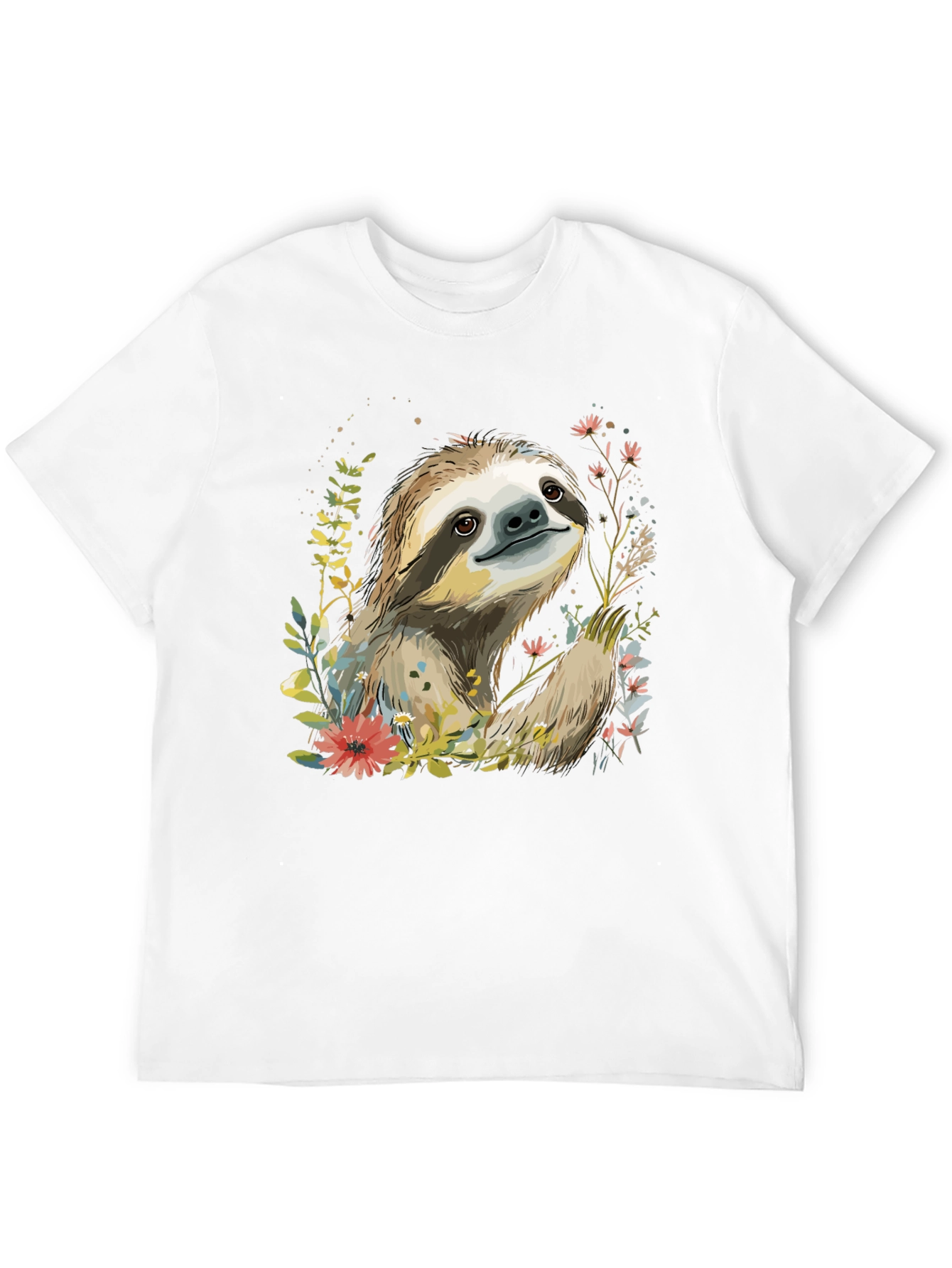 Sloth & Floral Print Black T-Shirt