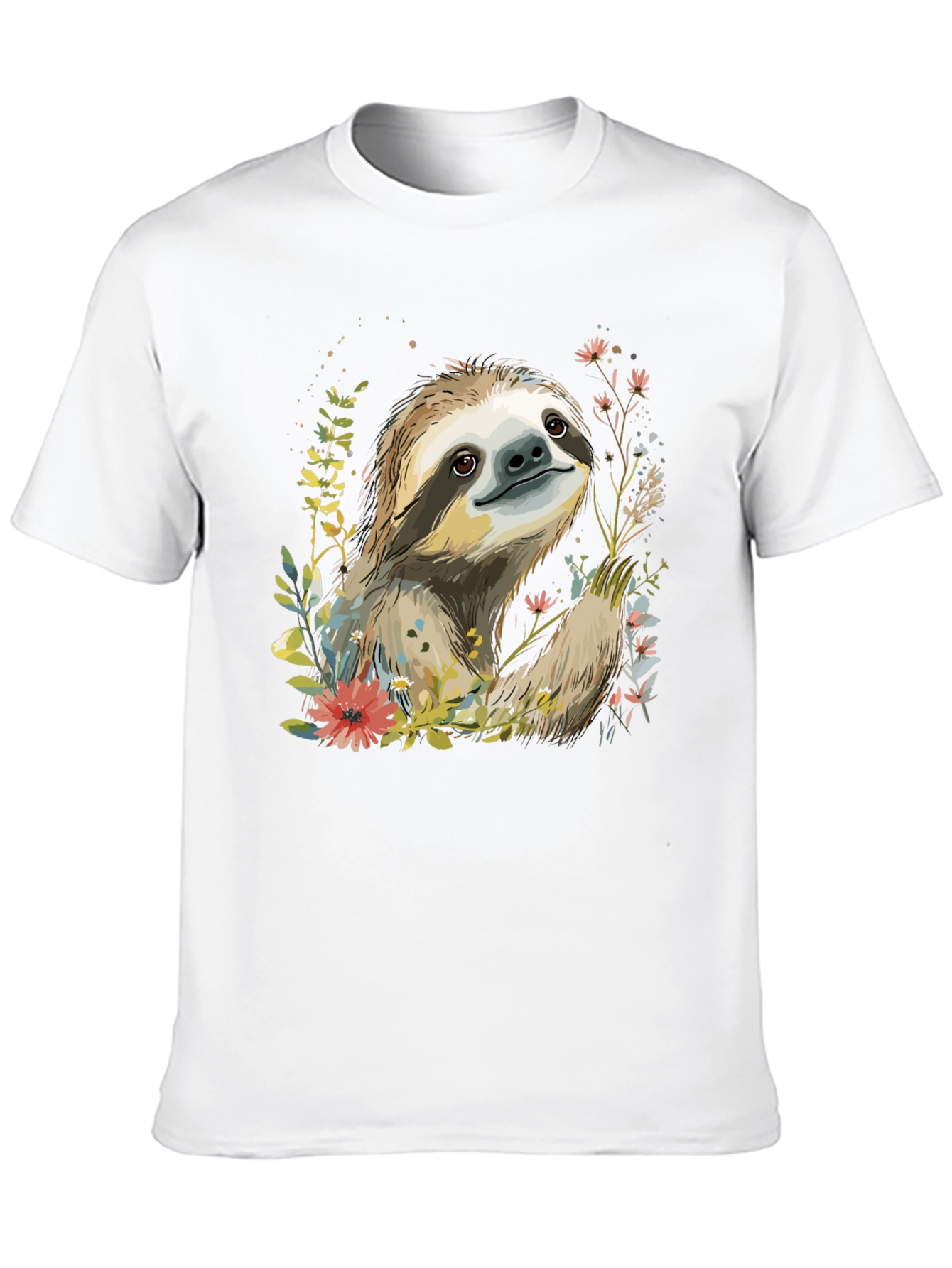 Sloth & Floral Print Black T-Shirt