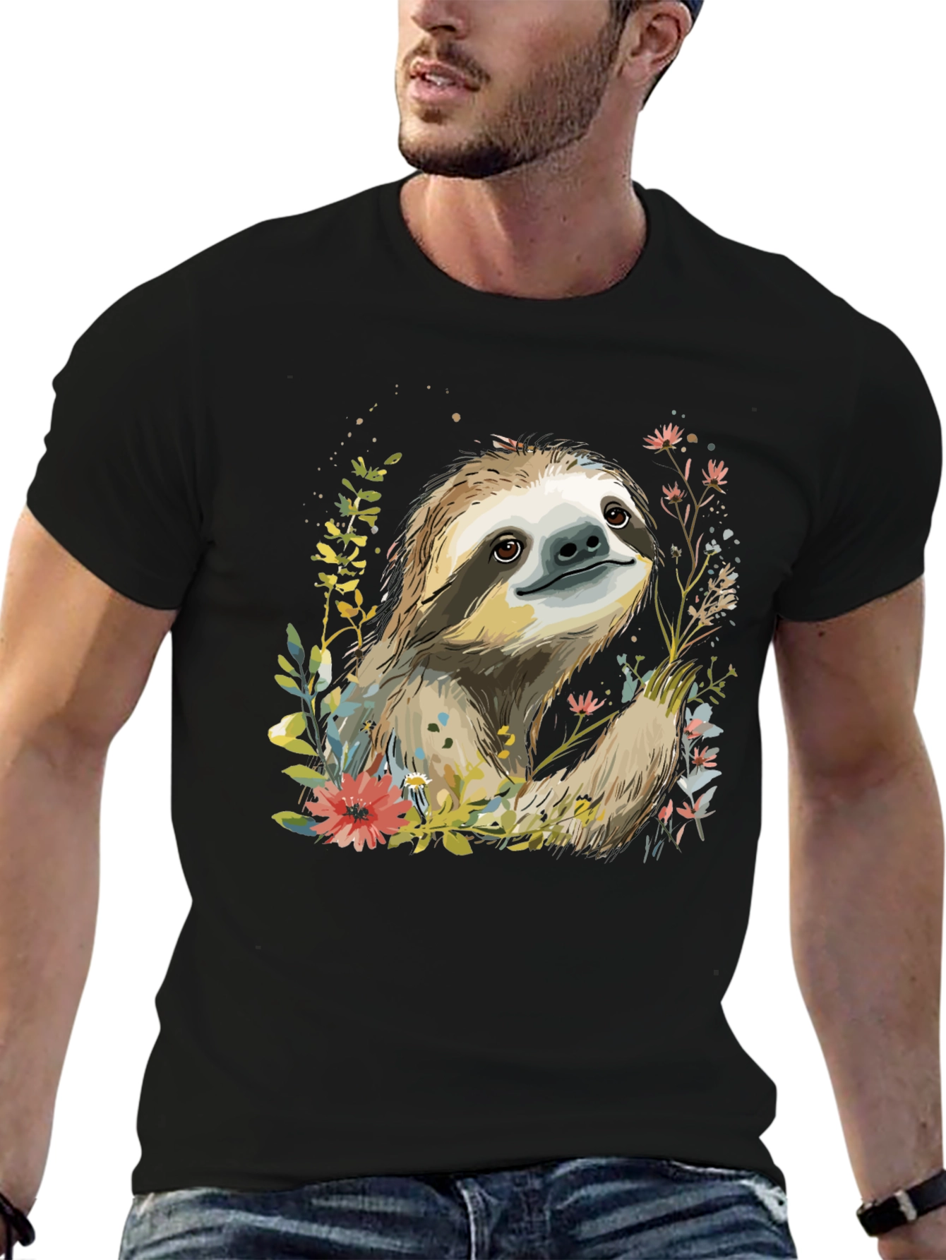Sloth & Floral Print Black T-Shirt