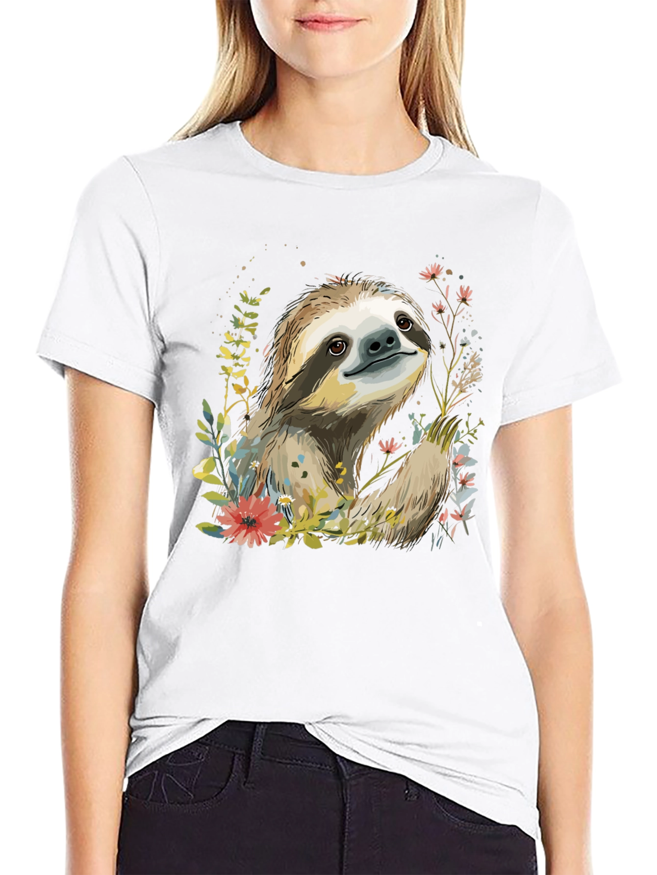 Sloth & Floral Print Black T-Shirt
