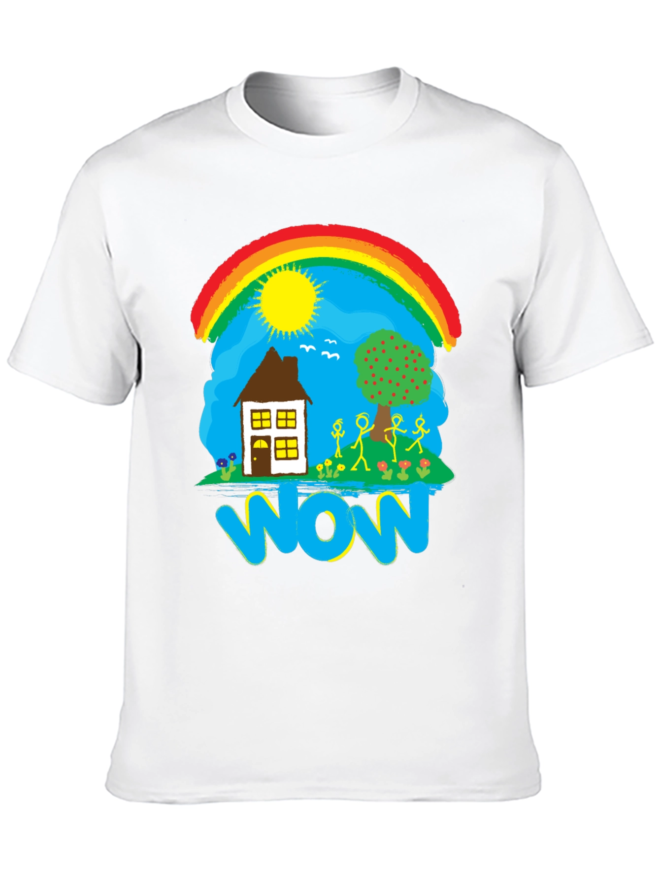 Whimsical WOW T-Shirt - Rainbow House and Stick Figures