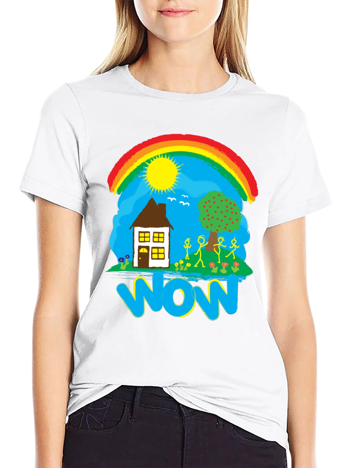 Whimsical WOW T-Shirt - Rainbow House and Stick Figures
