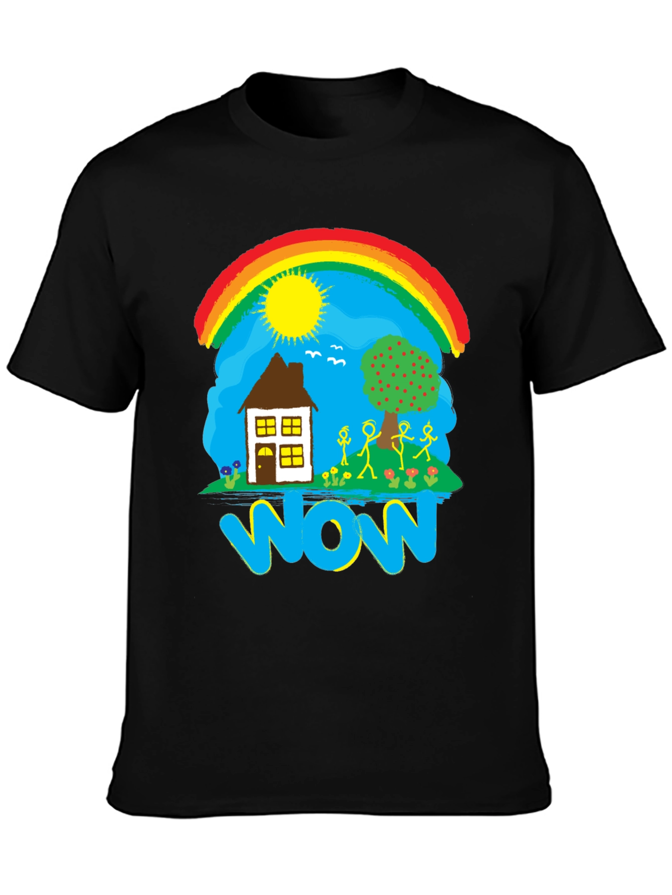 Whimsical WOW T-Shirt - Rainbow House and Stick Figures