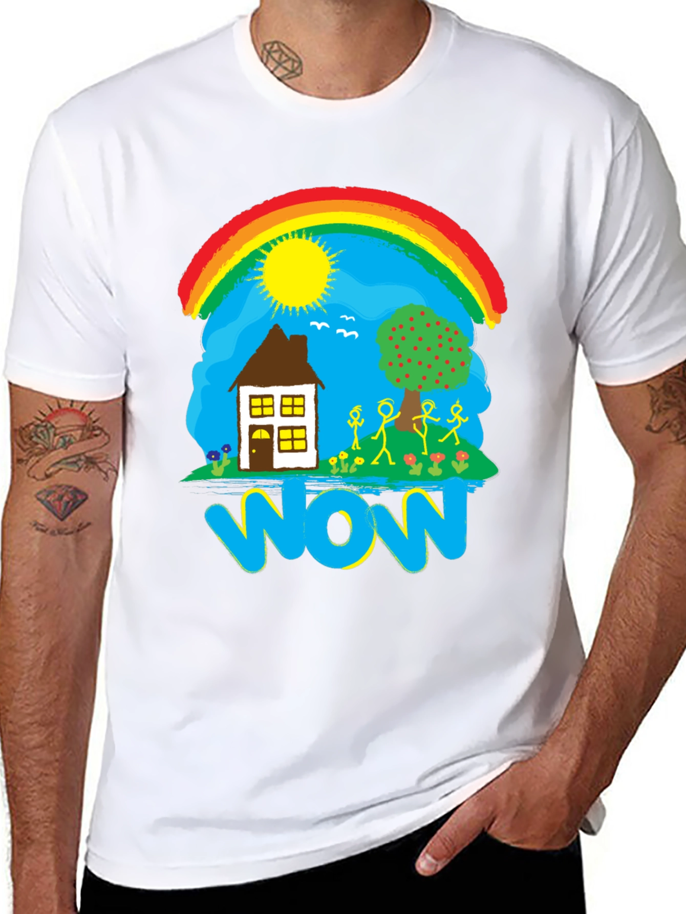 Whimsical WOW T-Shirt - Rainbow House and Stick Figures