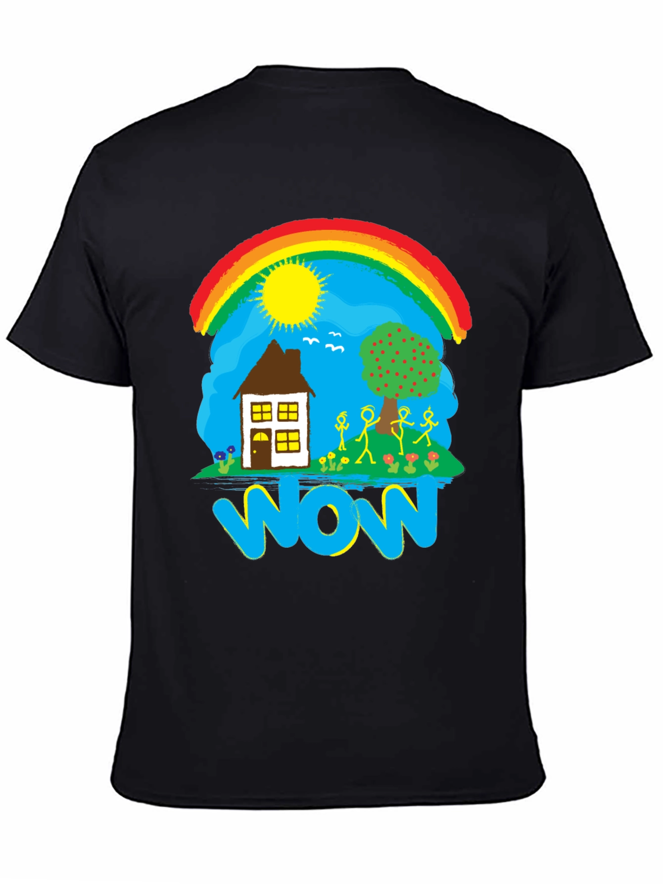 Whimsical WOW T-Shirt - Rainbow House and Stick Figures