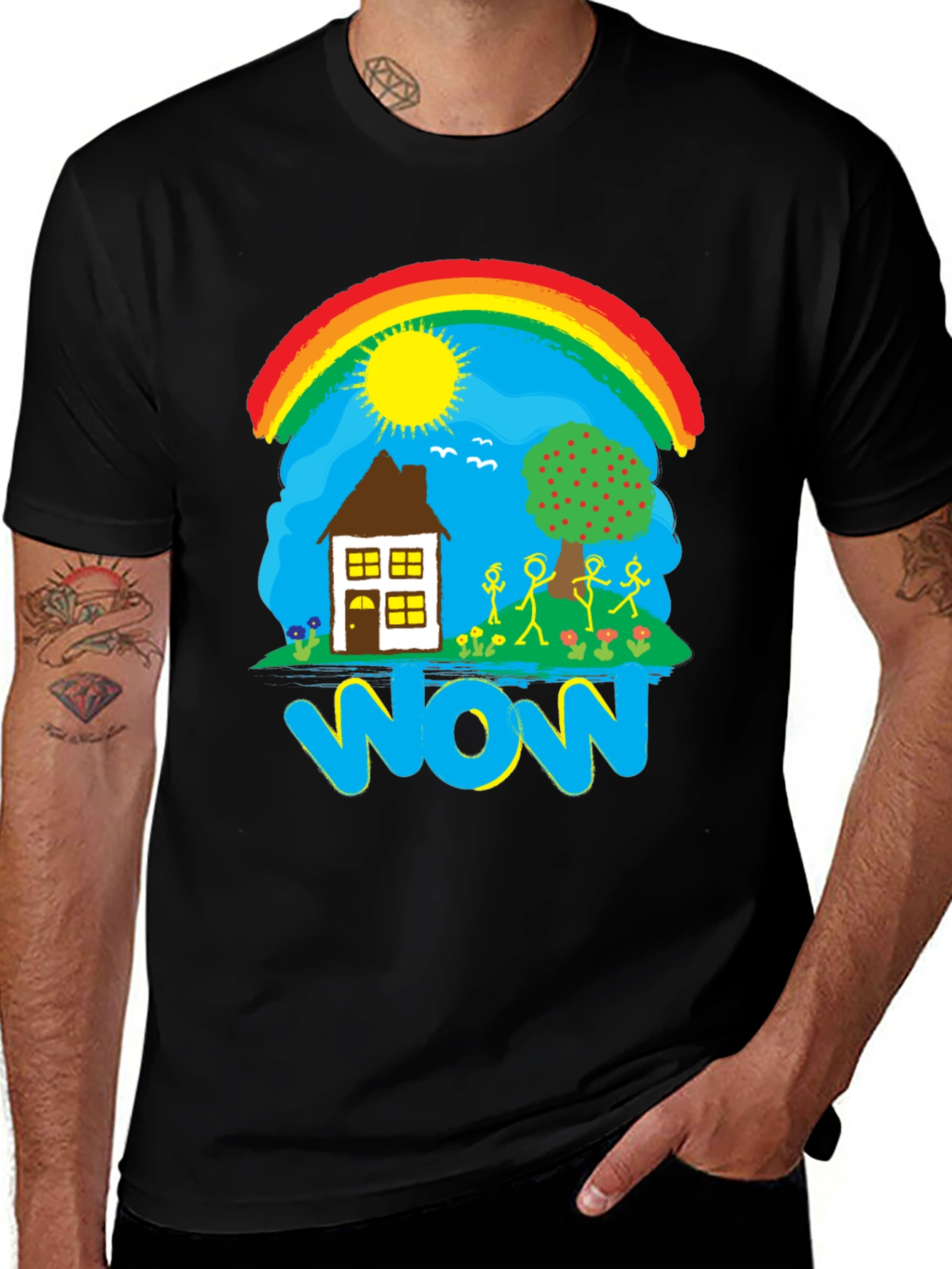 Whimsical WOW T-Shirt - Rainbow House and Stick Figures