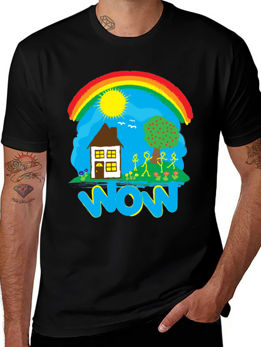 Whimsical WOW T-Shirt - Rainbow House and Stick Figures