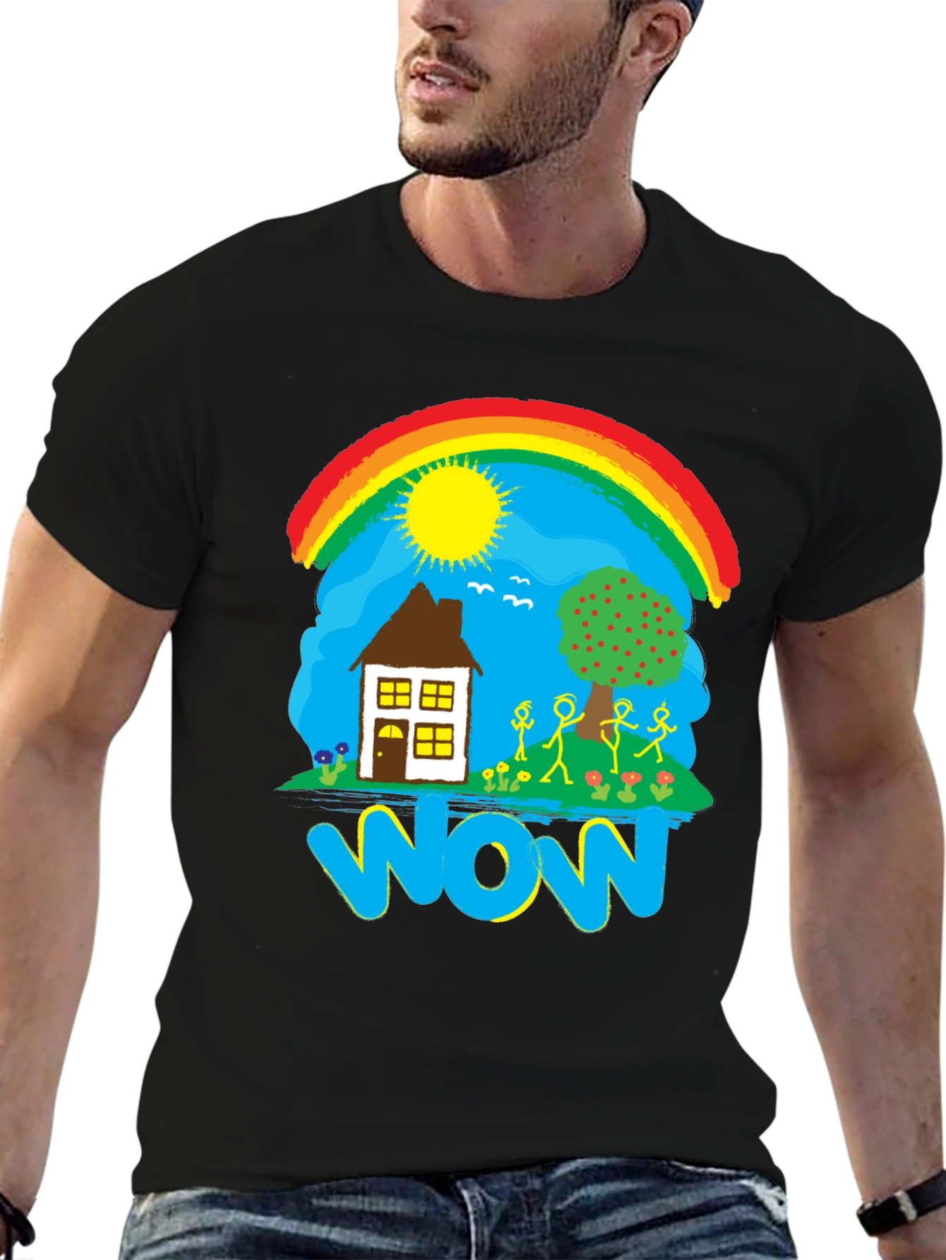 Whimsical WOW T-Shirt - Rainbow House and Stick Figures