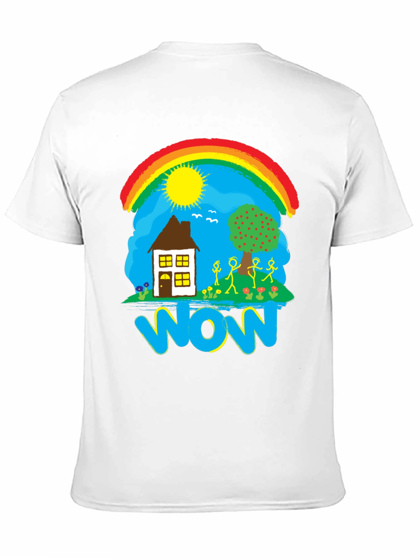 Whimsical WOW T-Shirt - Rainbow House and Stick Figures