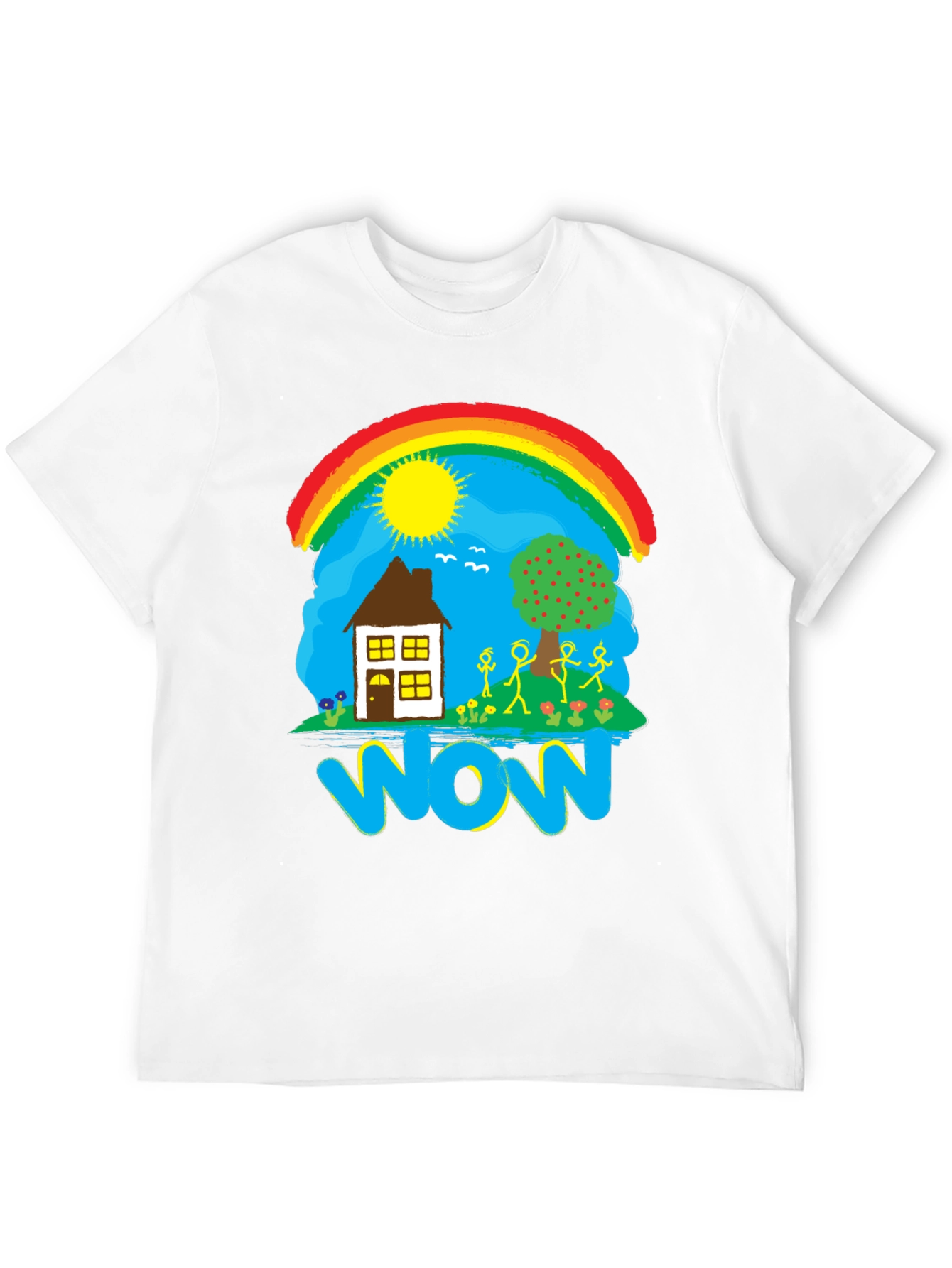 Whimsical WOW T-Shirt - Rainbow House and Stick Figures